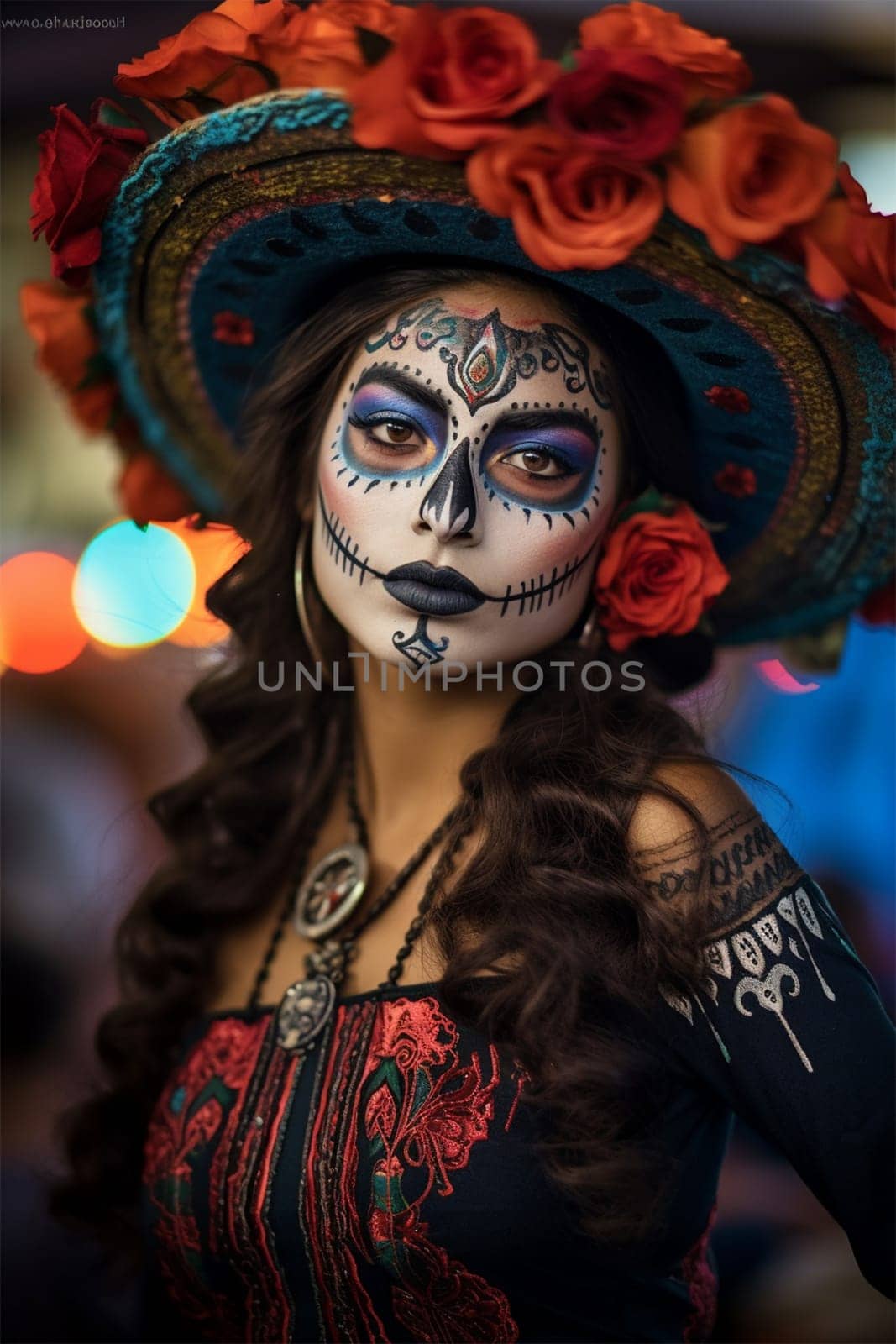 close-up young woman with make-up at the festival Day of the Dead - Dia de los Muertos, a holiday dedicated to the memory of the dead.against the backdrop of illumination.