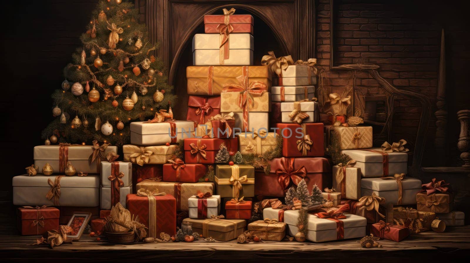 Christmas gift boxes of different colors with ribbon on Christmas background.