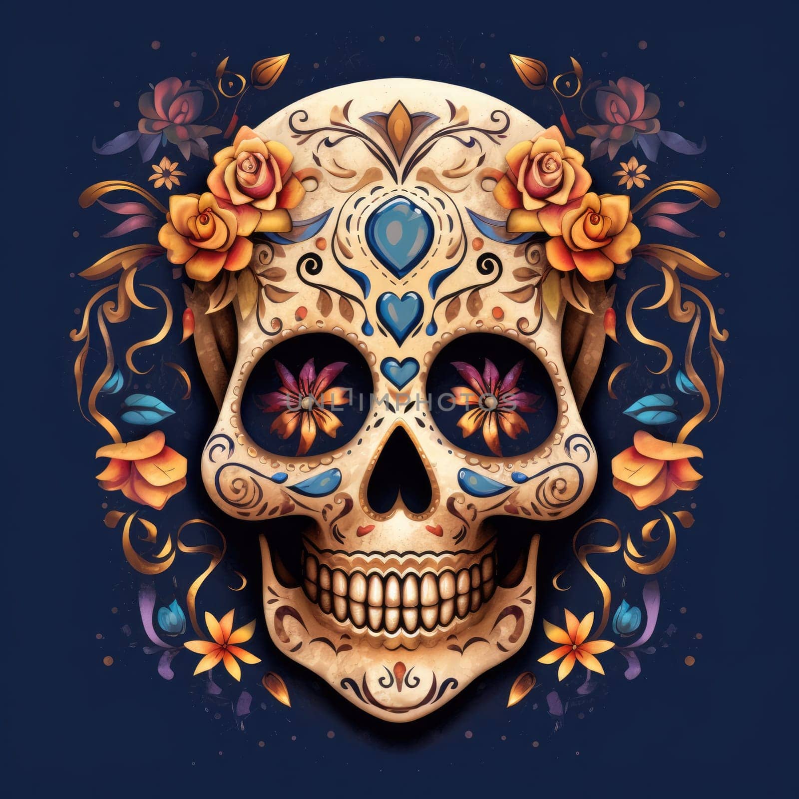 colorful sugar skull decorated with intricate floral patterns on a dark background.generative Ai,