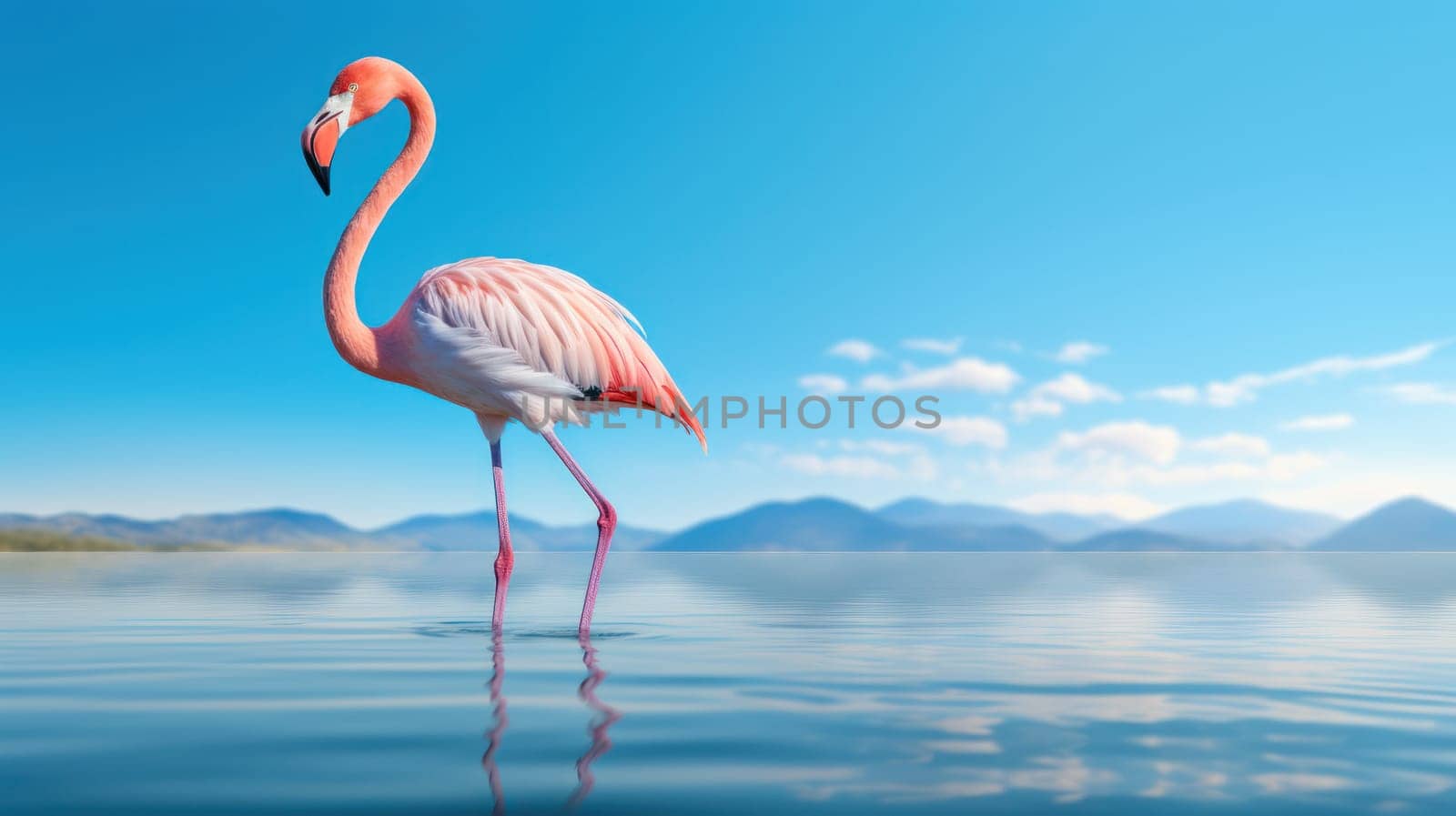A flamingo is reflected in turquoise water against a background of blue sky and white clouds. Natural environment and harmony background.