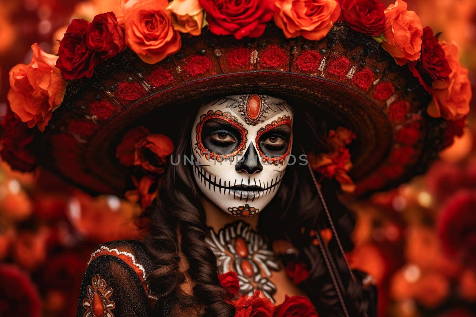 close-up young woman with make-up at the festival Day of the Dead - Dia de los Muertos - a holiday dedicated to the memory of the dead.against the backdrop of illumination.generative Ai