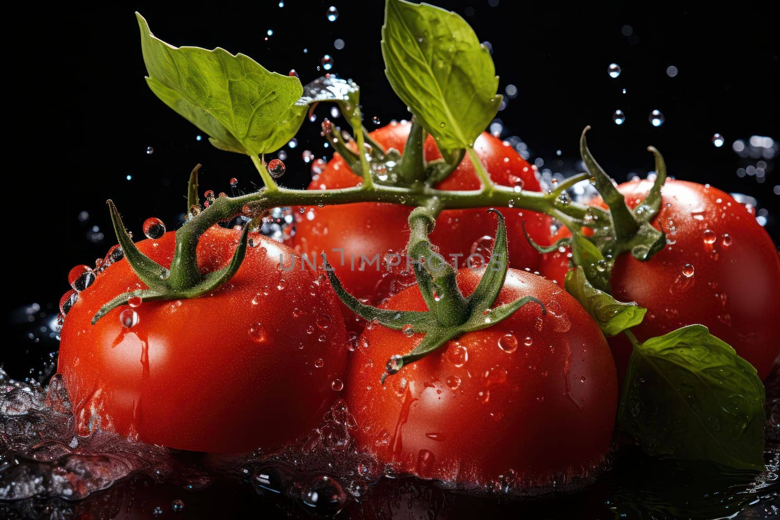 tomato branch in water splashes.