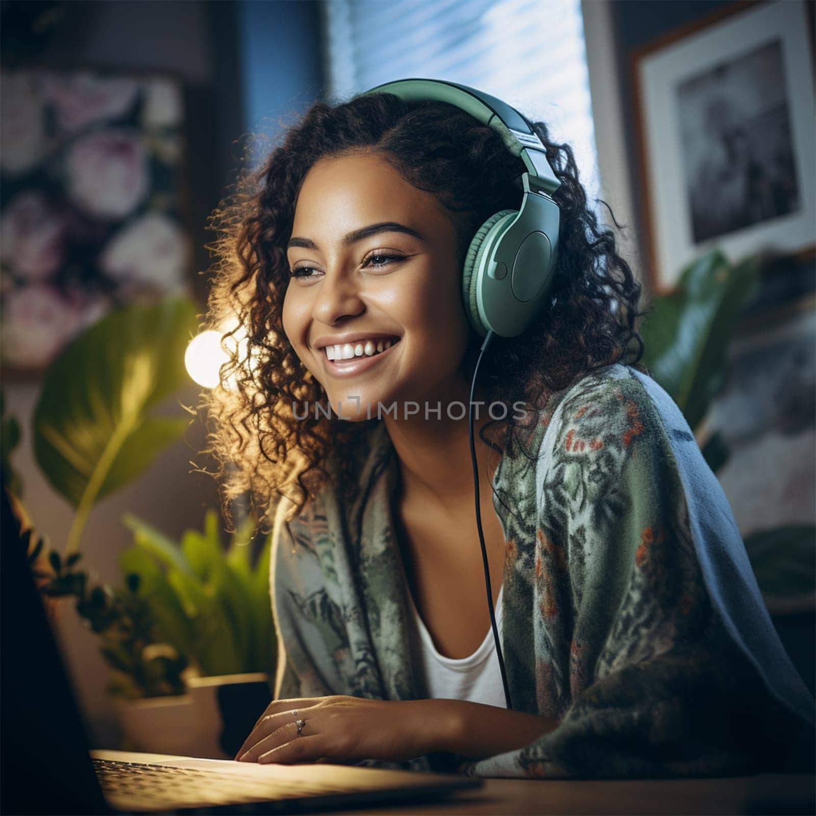 Young beautiful african american woman wearing headphones smiling and communicating using computer at table at home or dorm.