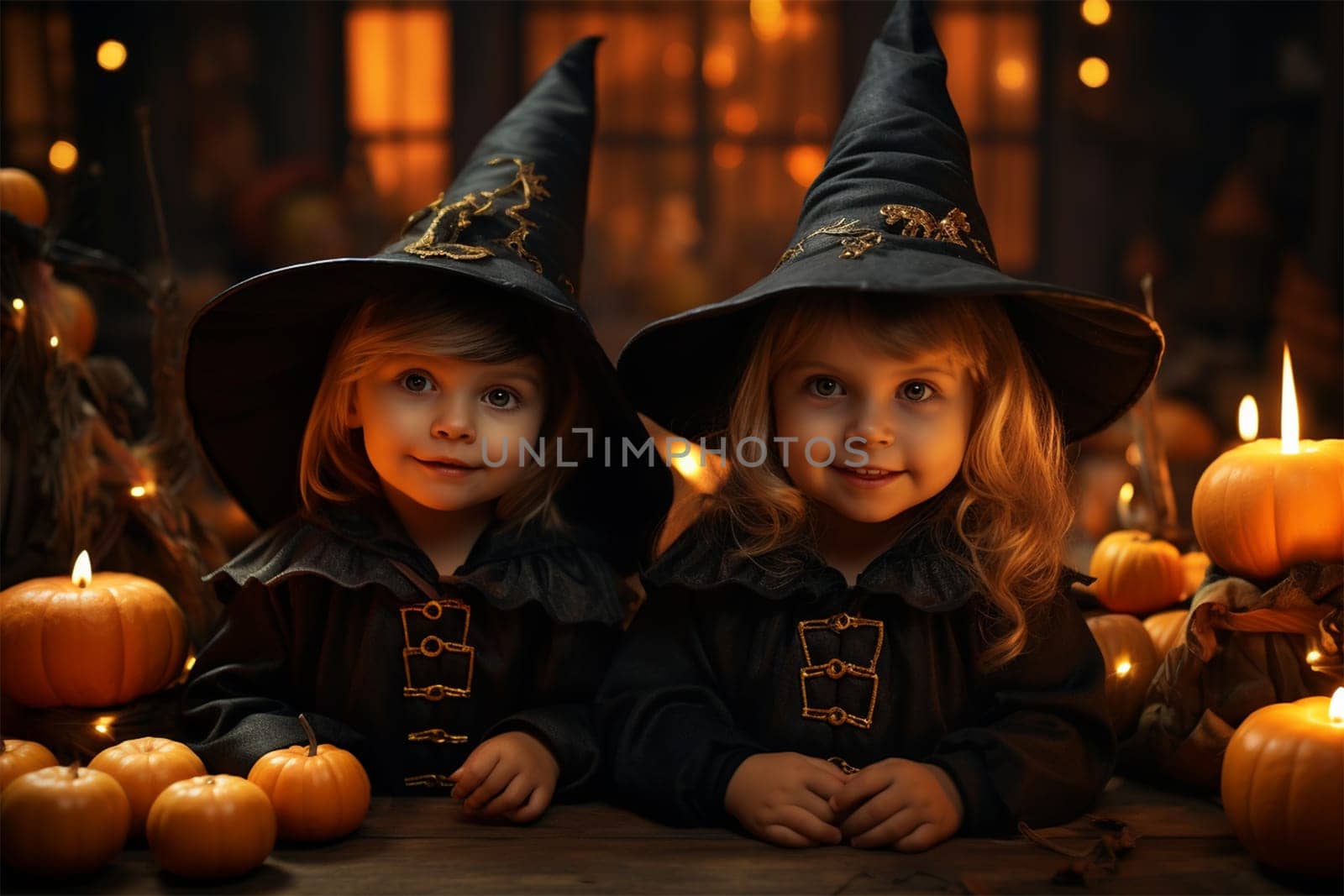 little witches in costumes and hats with candles and pumpkins at the table at night on Halloween, children's Halloween, dark background