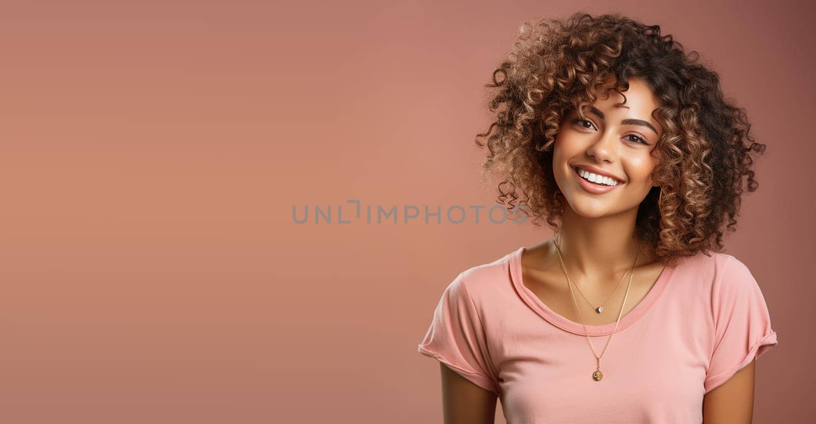 Portrait of a happy young woman, smiling beautiful face, black african student, pink pastel background