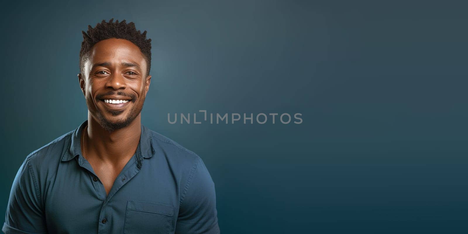 Portrait of a happy young black african man, smiling face, casual dressed, blue background