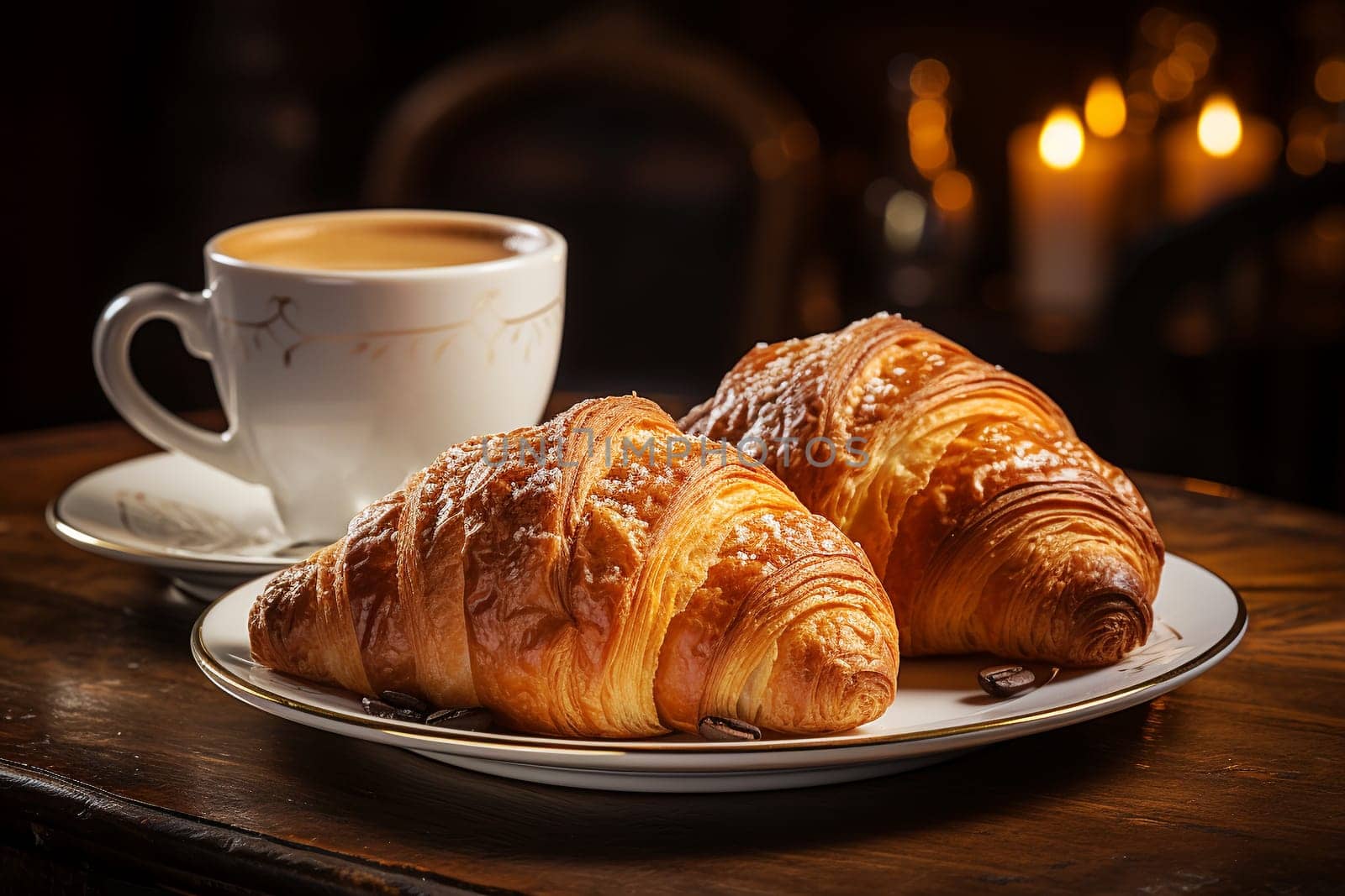 Croissants and cup of coffee on a table, french breakfast in the morning with pastry