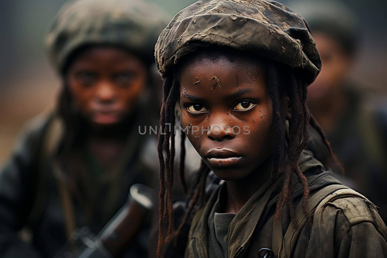 Child soldier, black african boy with dreadlocks in a group with other children, military army clothes and guns
