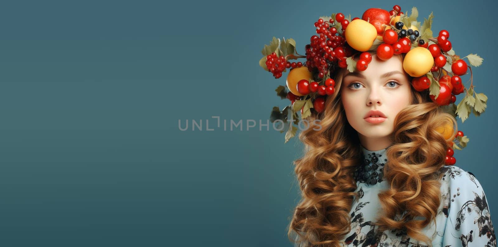 Portrait of a woman with fruit in her hair, like red currants and apples, healthy eating, harvest in the autumn
