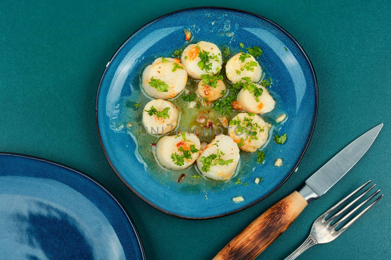 Fried scallops with green on a plate, seafood. Top view.