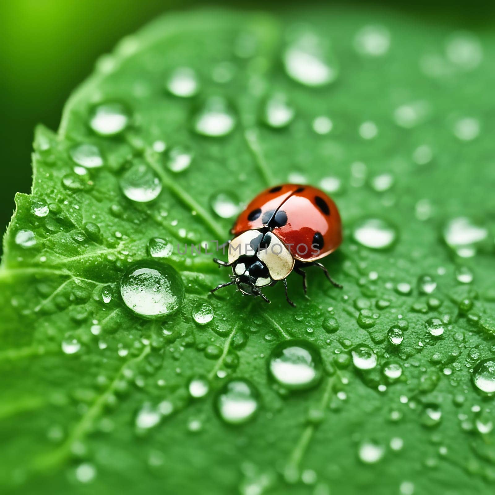 marin beetle sitting in the green leaf with dew drops. Macro shot of an insect in the garden