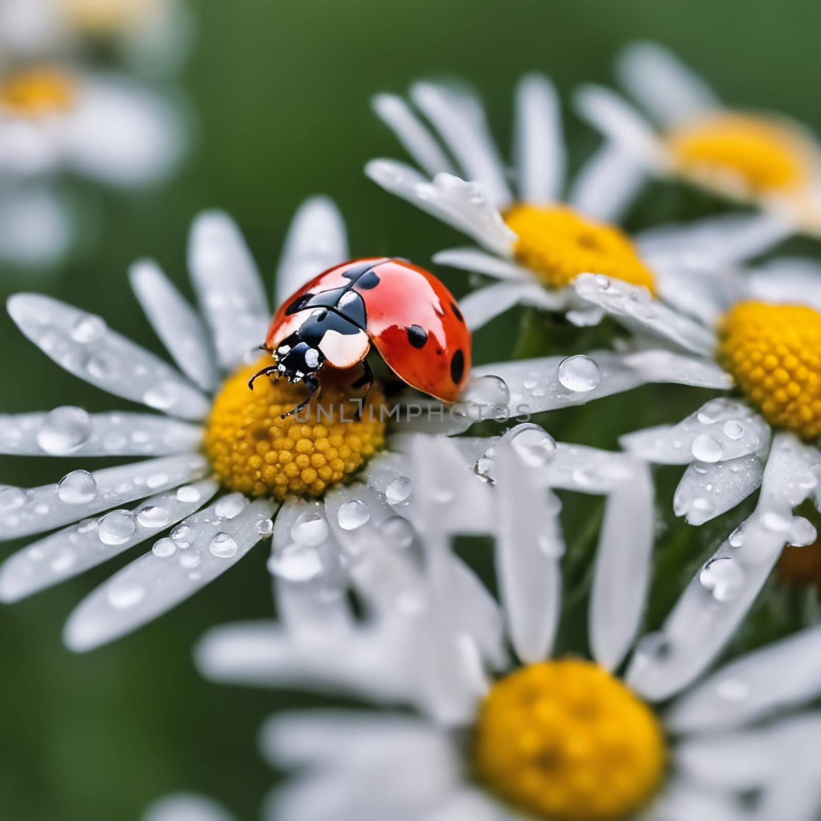 marin beetle sits in the yellow pollen of a daisy with white petals that have dew drops. Macro shot of an insect