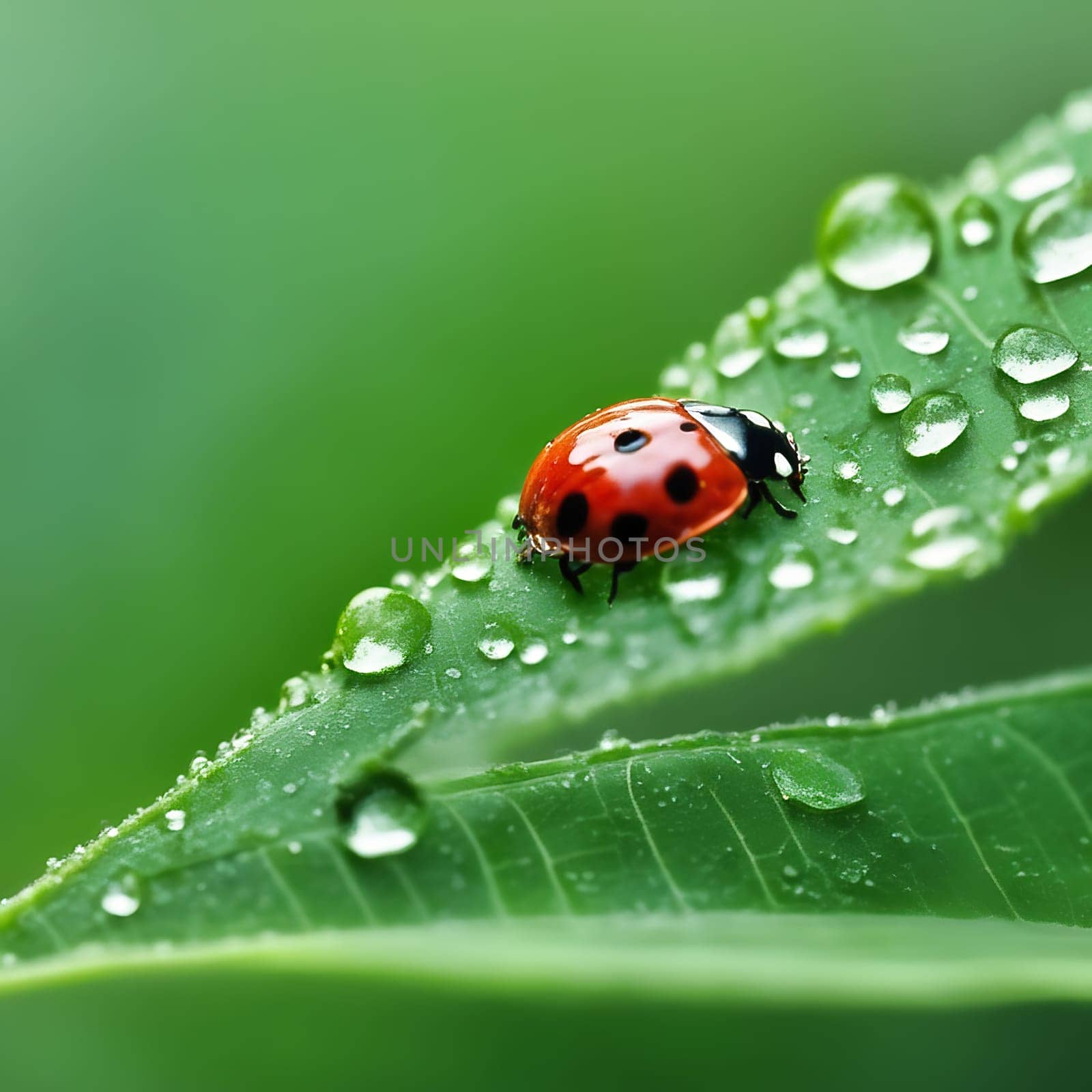 marin beetle sitting in the green leaf with dew drops. Macro shot of an insect in the garden