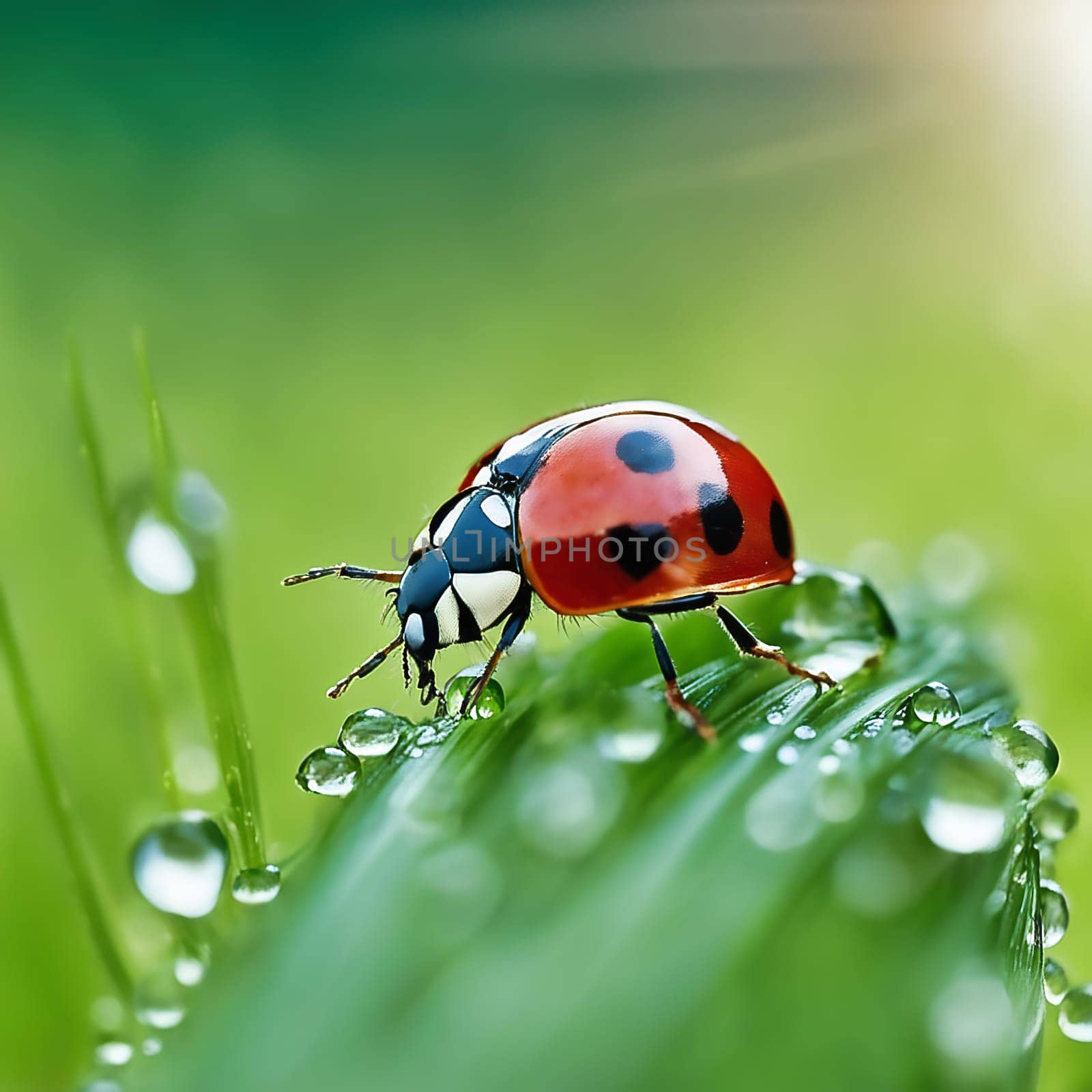 marin beetle sitting in the green leaf with dew drops. Macro shot of an insect in the garden