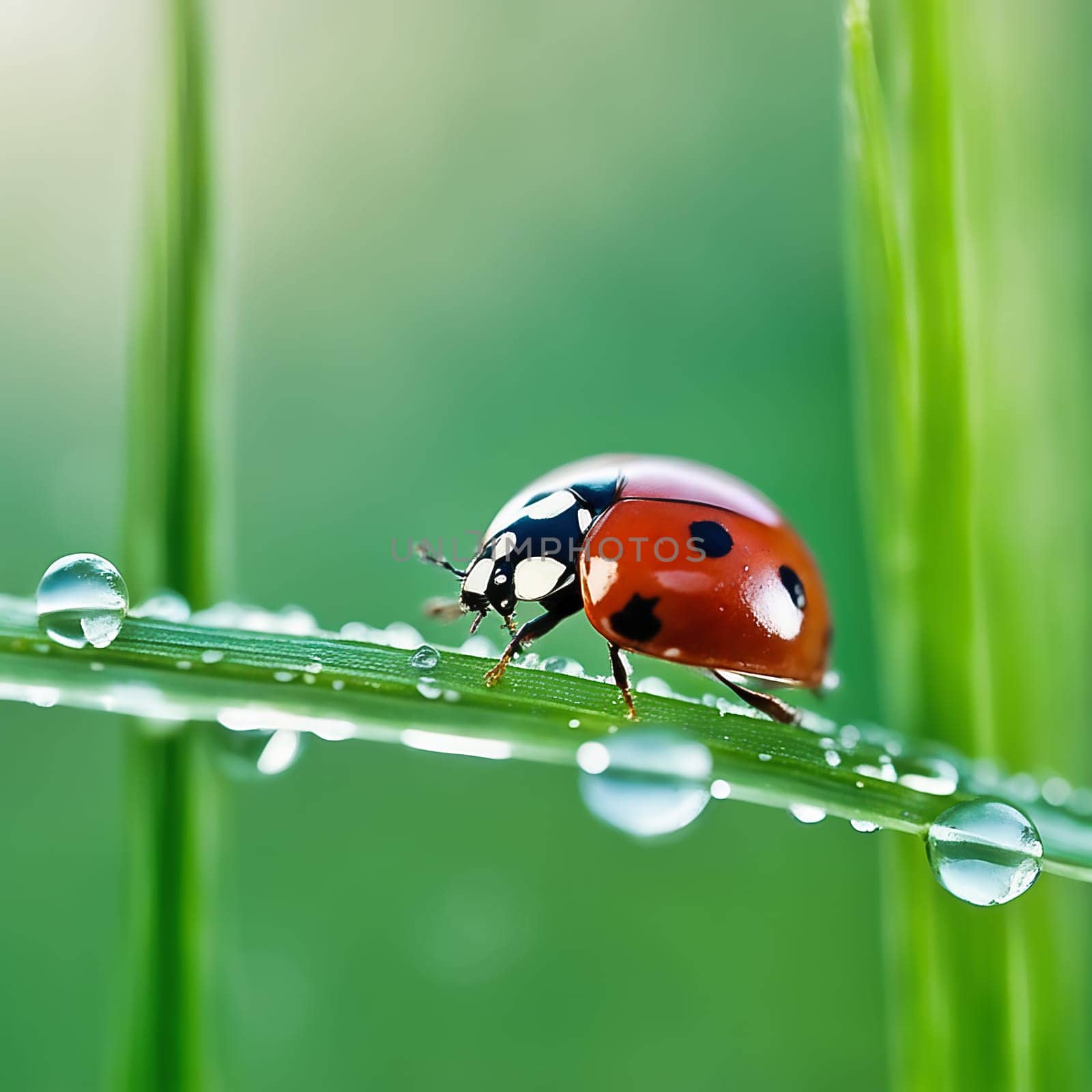 marin beetle sitting in the green blade of grass with dew drops. Macro shot of an insect in the garden