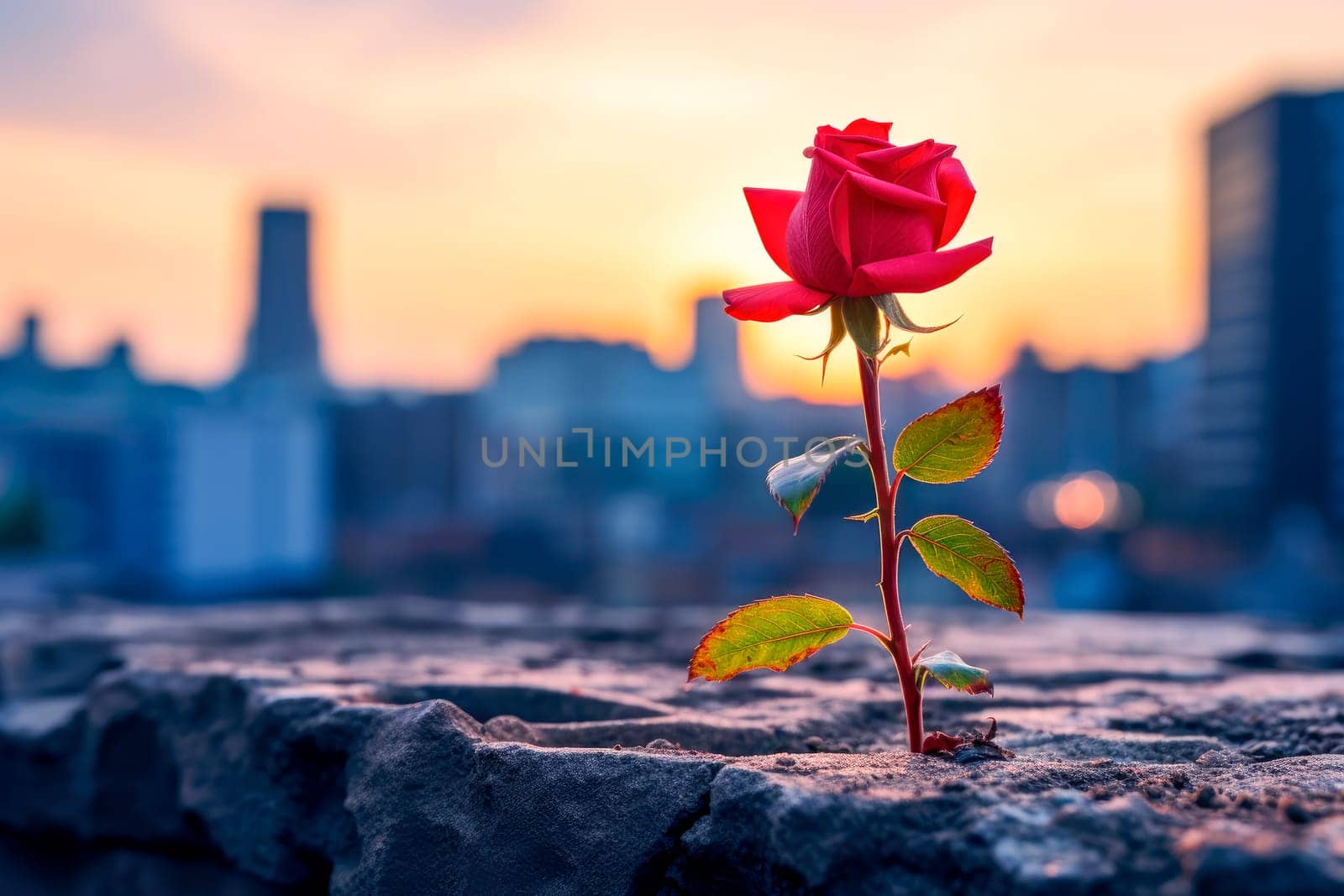 Beautiful red rose growing from a concrete crack , cityspace scenery on background. AI generated