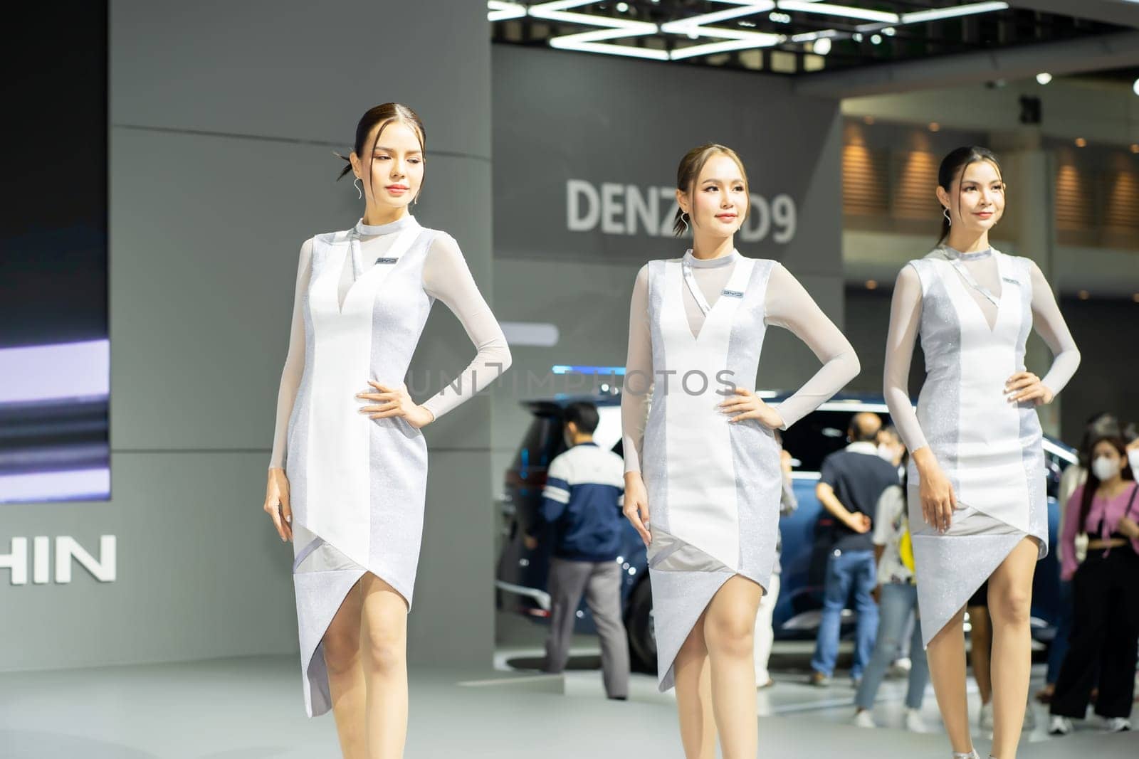Nonthaburi, Thailand - MAR 26, 2023 Unidentified model poses with a car at The 44th Bangkok international motor show 2023 at IMPACT Arena, Muang Thong Thani, Nonthaburi, Thailand.