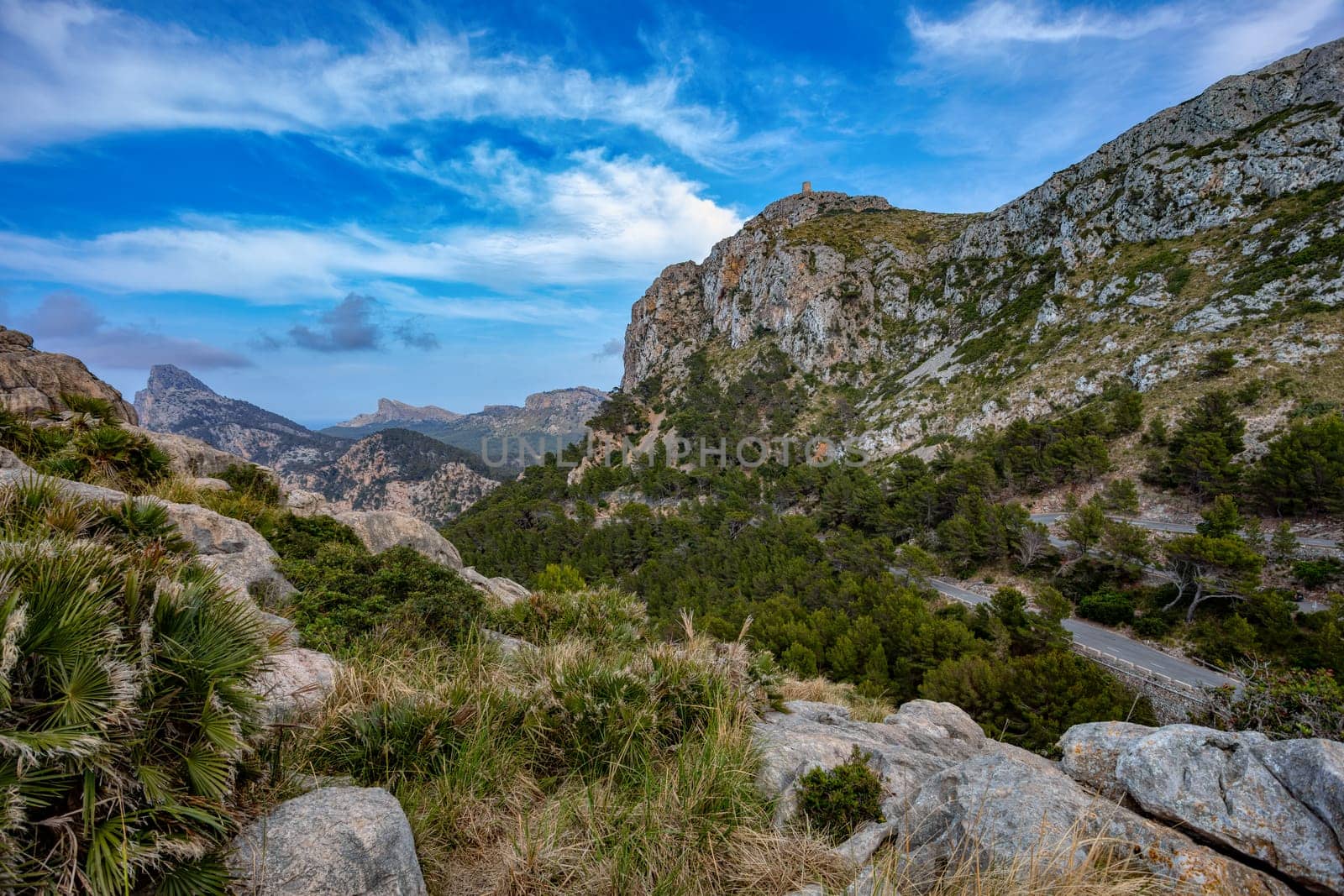 View from Mirador de Es Colomer, Peninsula de Formentor, Balearic Islands Mallorca Spain. Travel agency vacation concept.