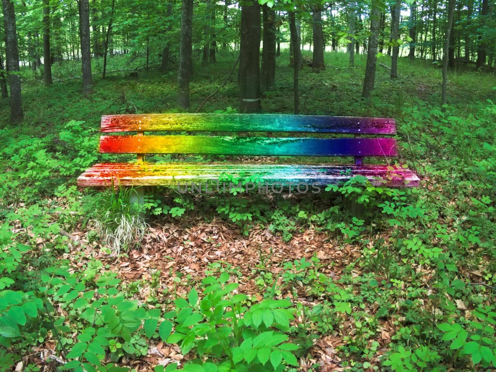old park bench within a green forest with LGBTQ colors
