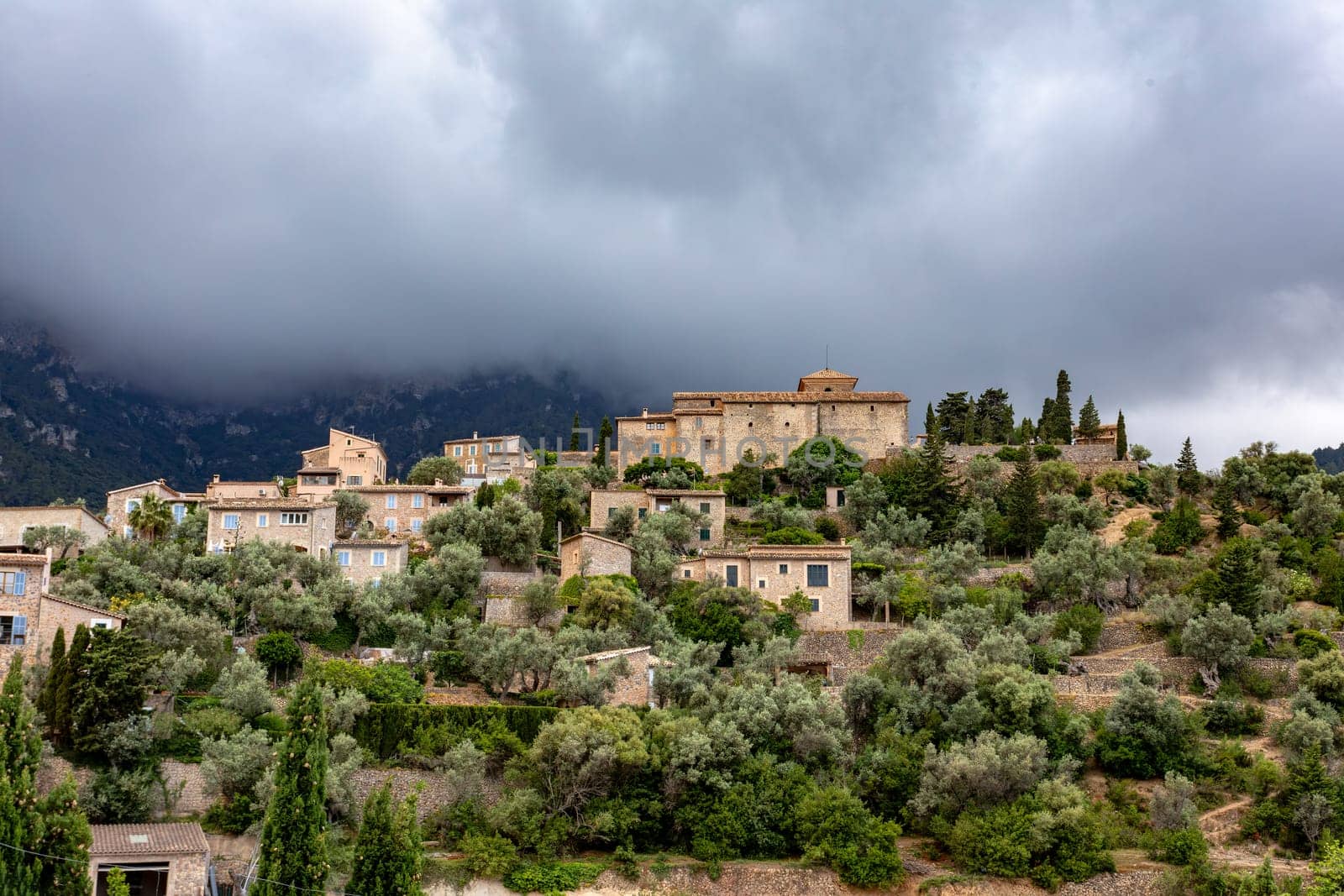 Historic center of Deia, municipality and small coastal village in Serra de Tramuntana. Architectural treasures, historic center and its Mediterranean architecture. Balearic Islands Mallorca Spain.