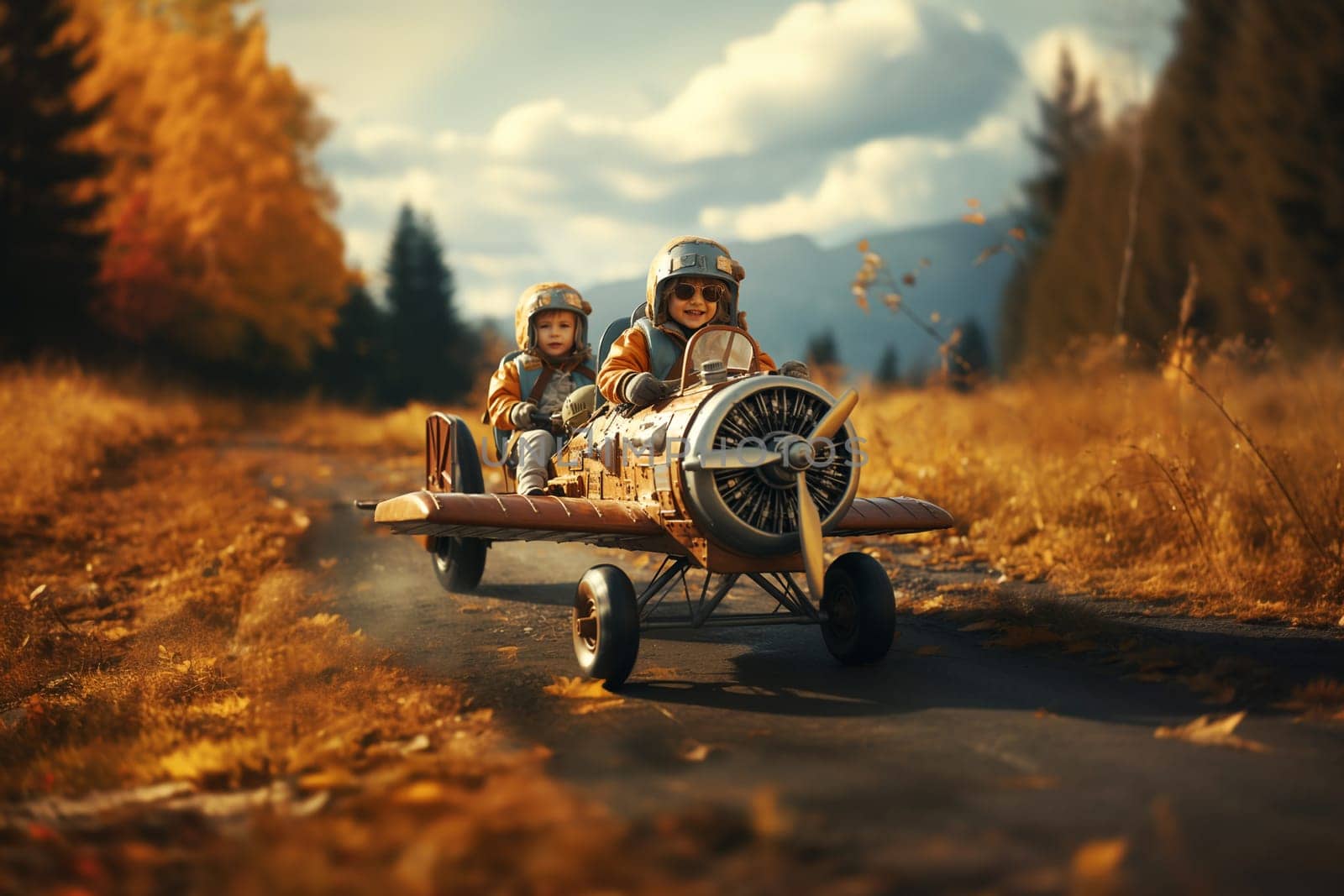 Happy, laughing children driving airplane on the road in nature, childhood adventure and friendship, pilot playing to take off with a plane