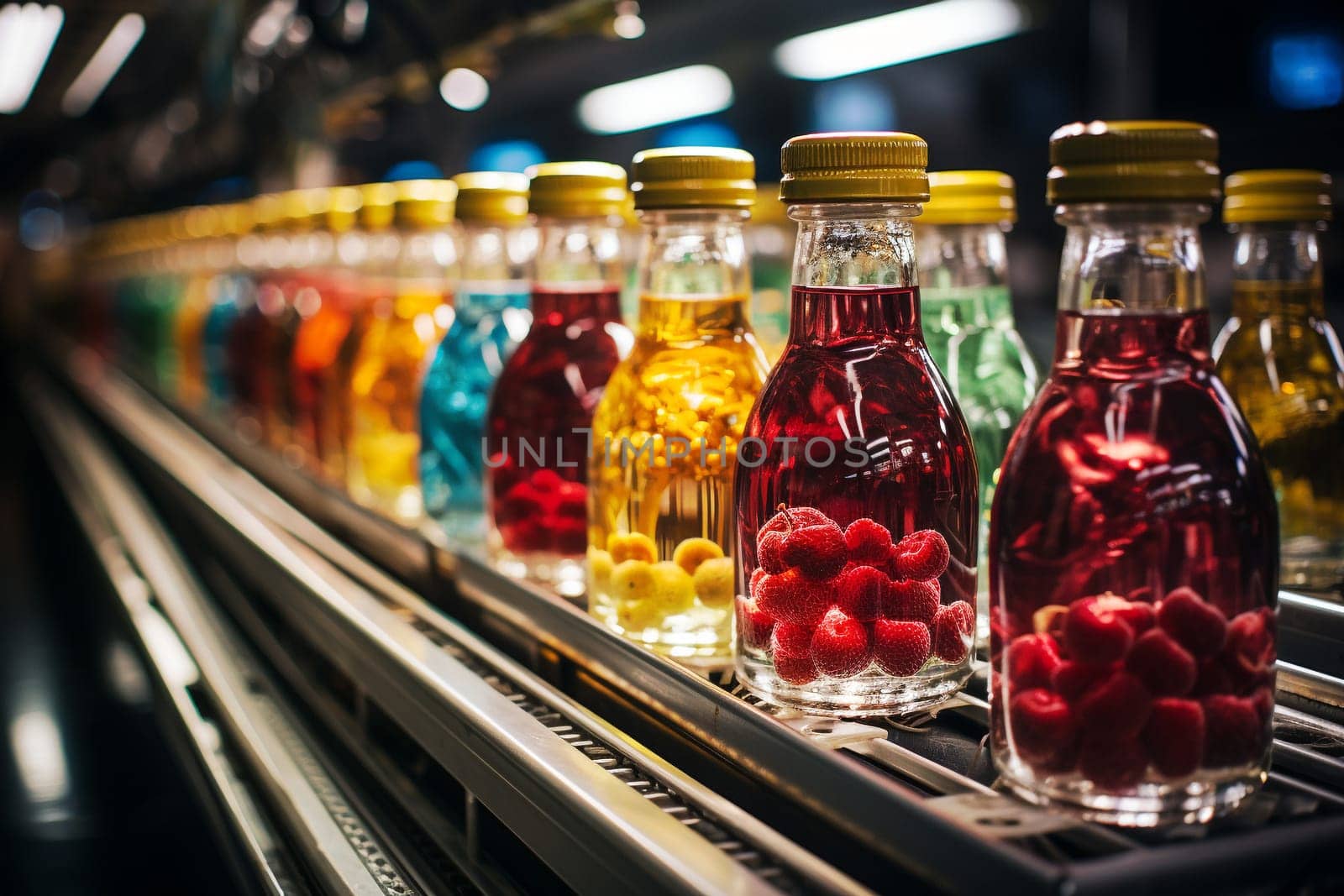 Juice bottles with fruit on a conveyor belt, beverage factory operates a production line, processing and bottling drink