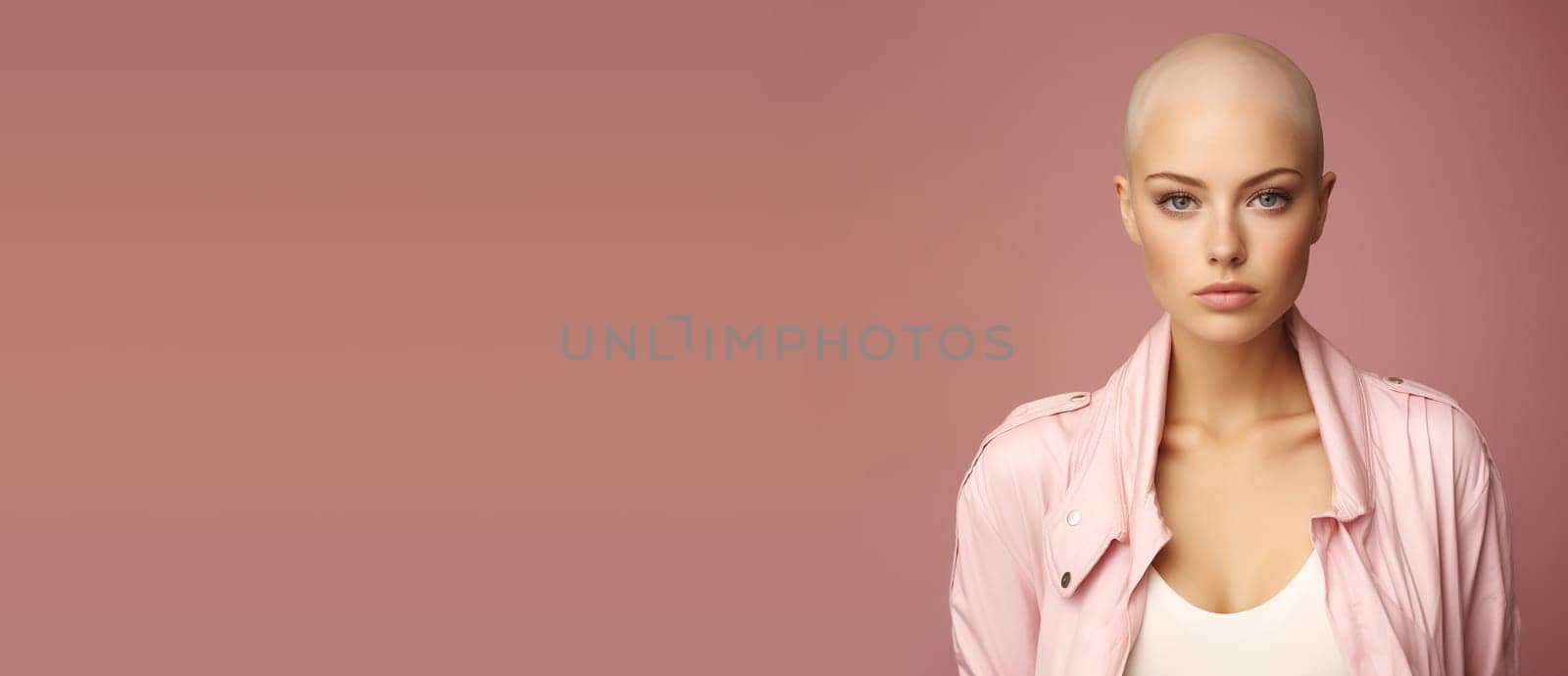 Woman suffers from cancer tumor, portrait of young bald headed patient, pink background