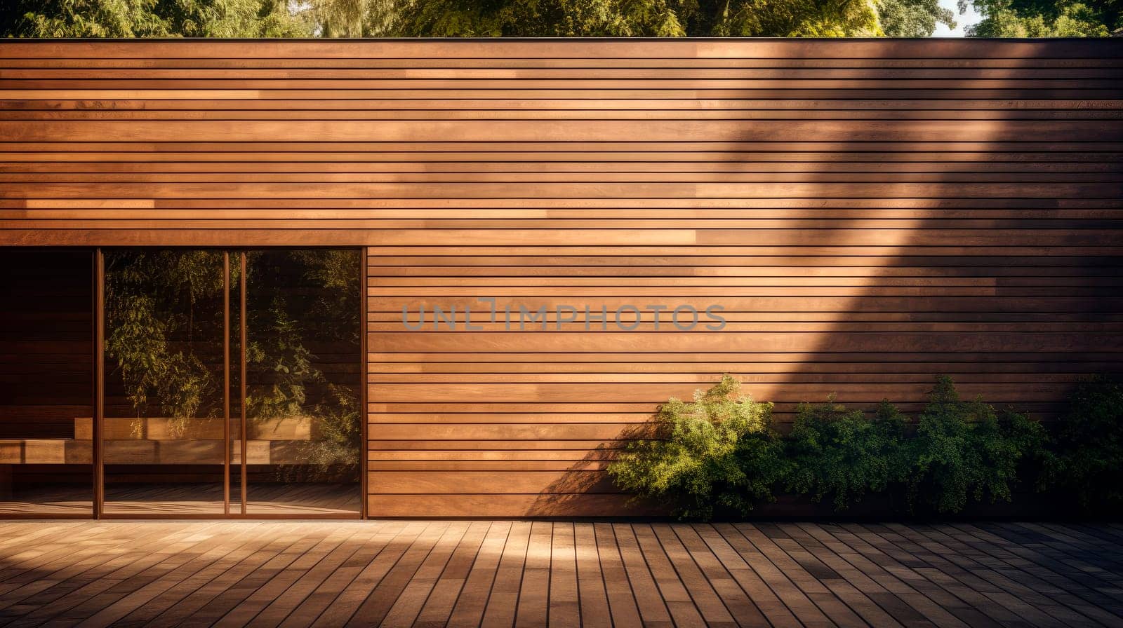 Modern walnut colored wooden house wall outside. Panorama of house exterior with wooden wall and decorative plants.AI generated