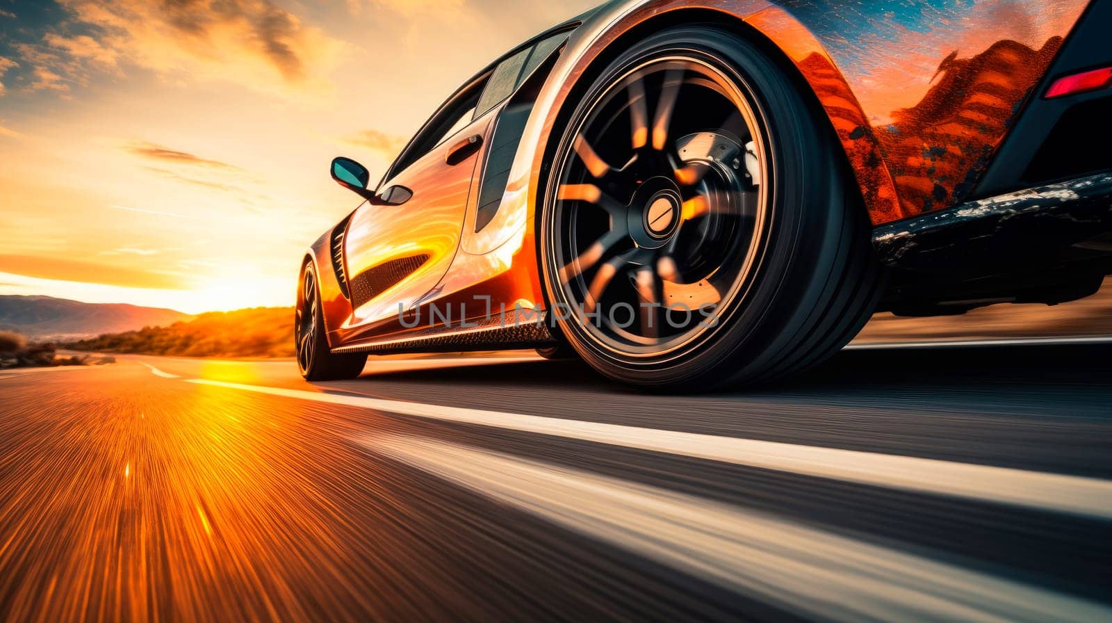 Sports car driving at the sunset. Red sport car on the asphalt road with motion blur. AI generated