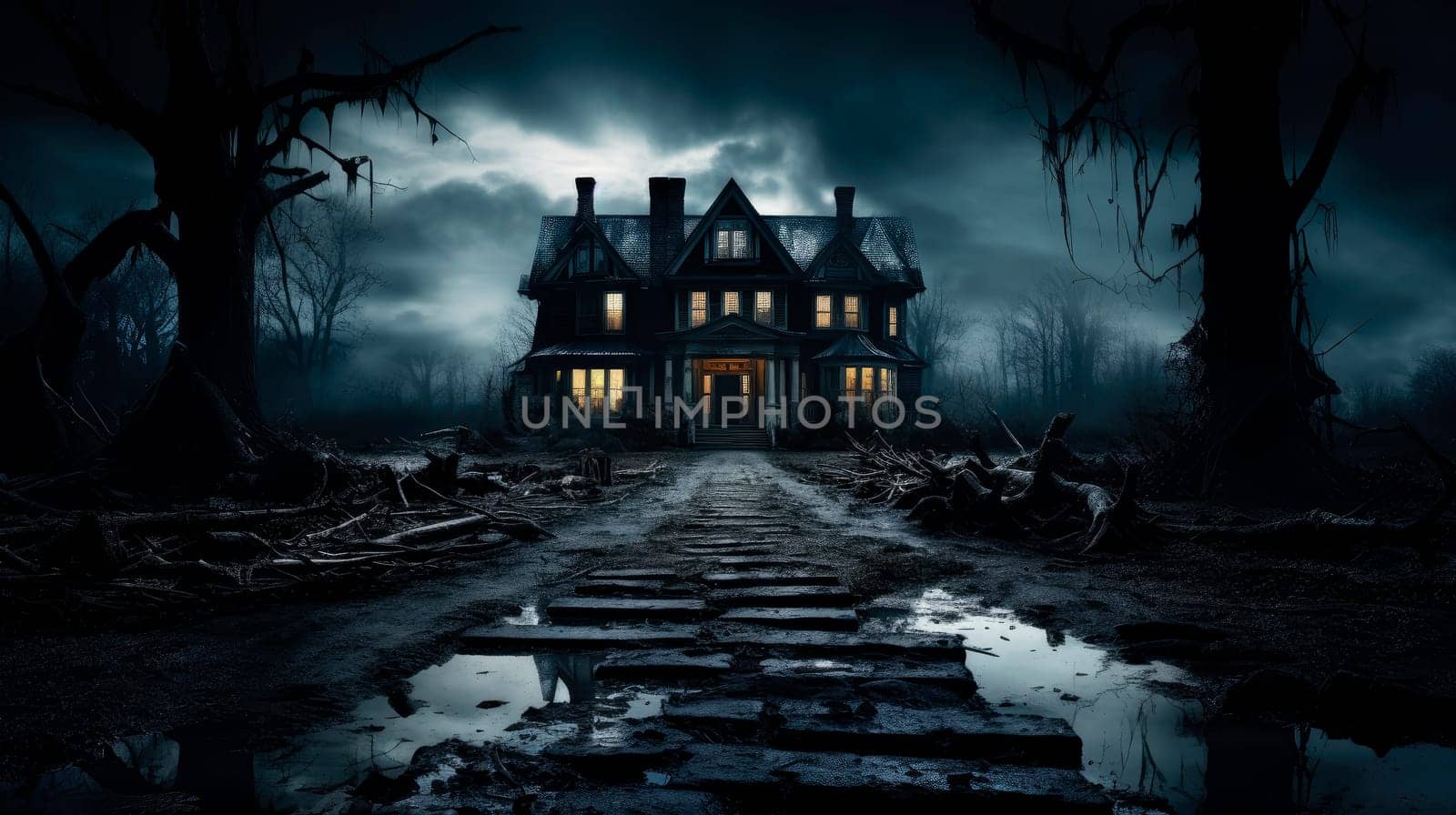 Haunted house in a dark forest at night. A creepy haunted house with a weathered, vintage look for Halloween and other spooky occasions.AI generated