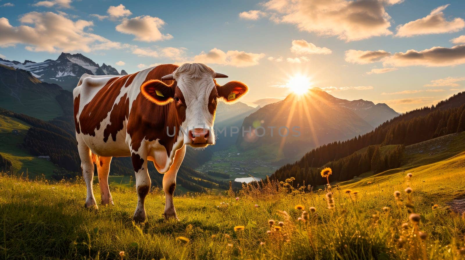 Cow grazing on a mountain pasture in a summer, panoramic view with mountain range and beautiful sunset. AI generated