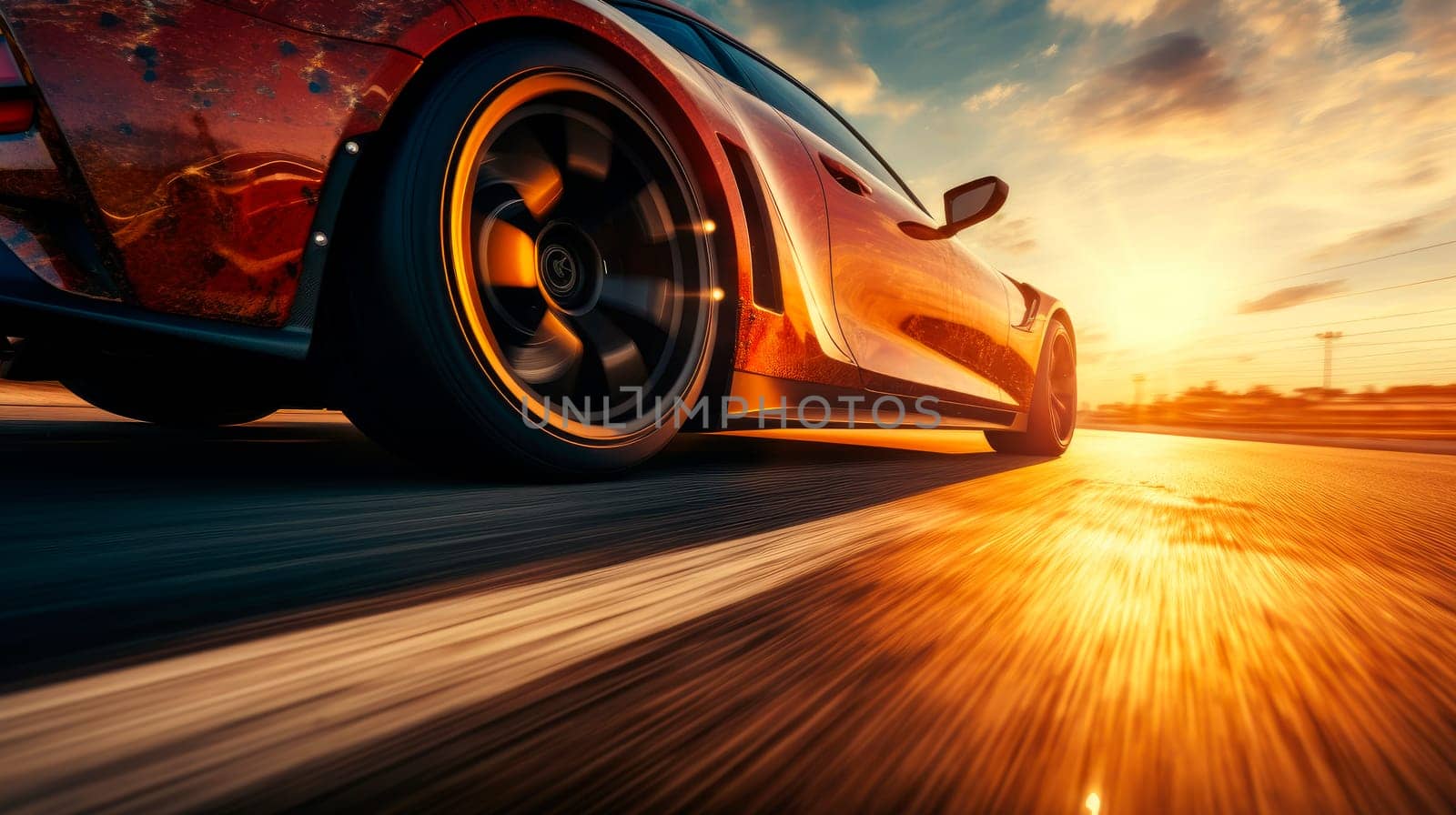 Sports car driving at the sunset. Red sport car on the asphalt road with motion blur. AI generated