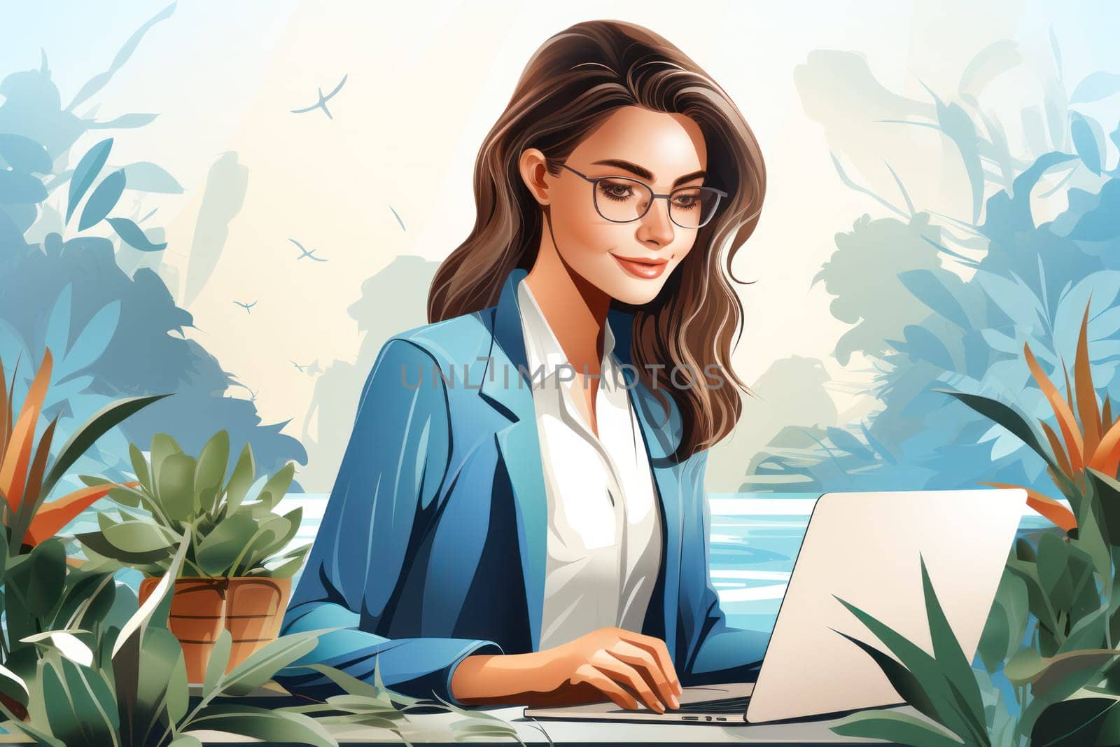 young business woman in glasses and a blue jacket works in the office. A young and beautiful female employee is working on a new laptop.