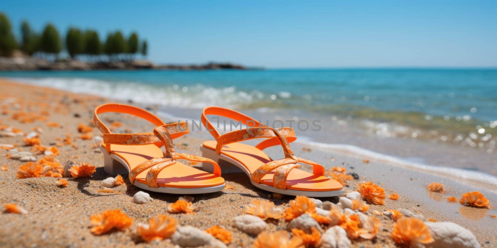 orange sandals on the beach near the water on a hot day.travel and vacation concept