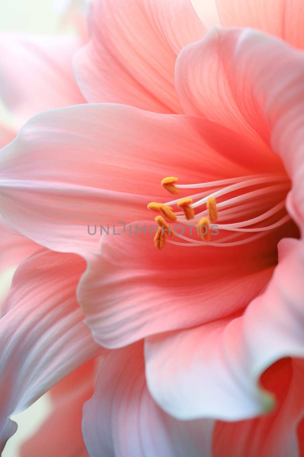 Pink and white flower petals close up. lily flower in full bloom, macro. floral background of delicate pink color