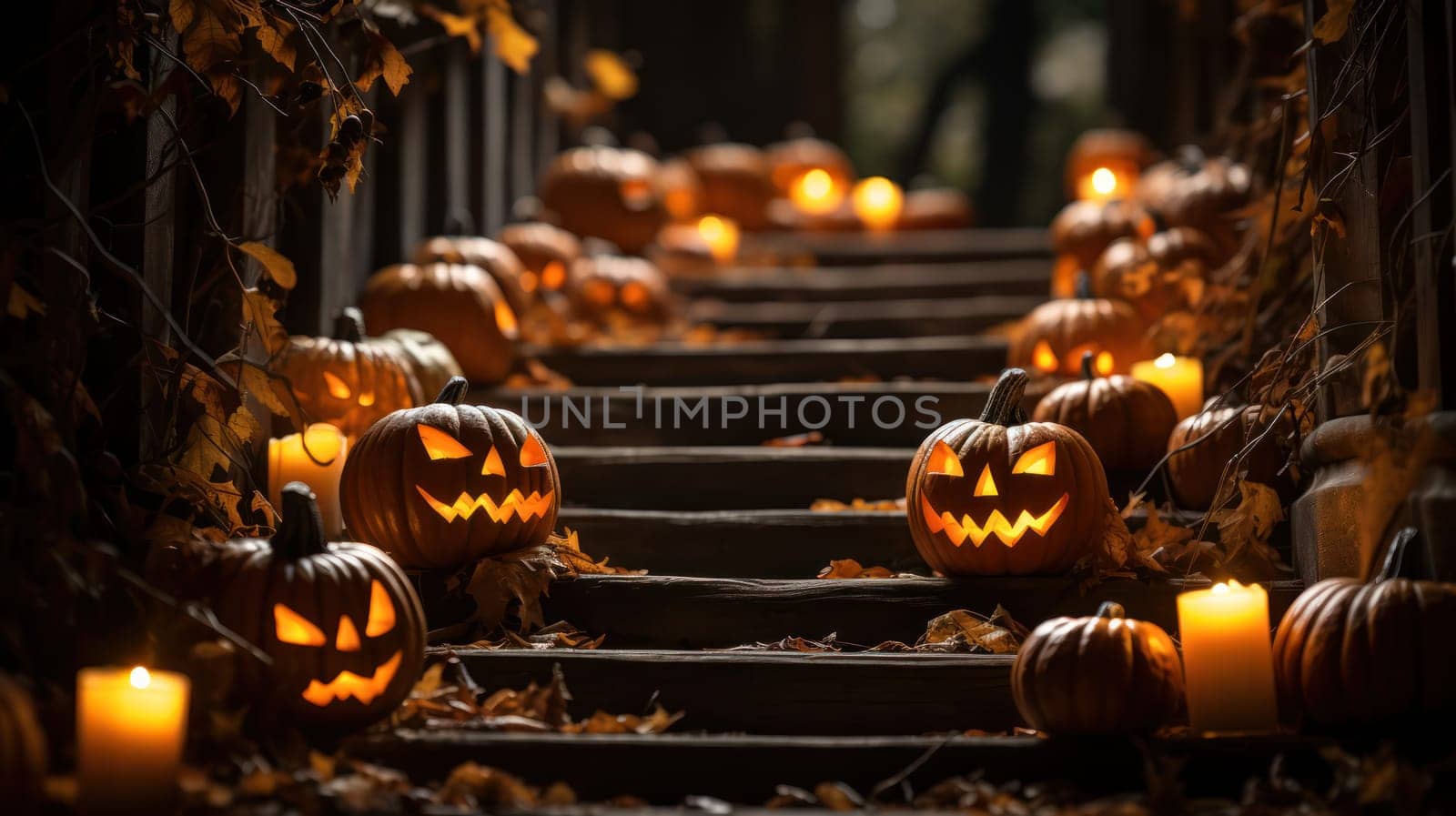 Halloween pumpkin lanterns and candles on a staircase with autumn leaves leading up, a mystical castle on a spooky Halloween night.