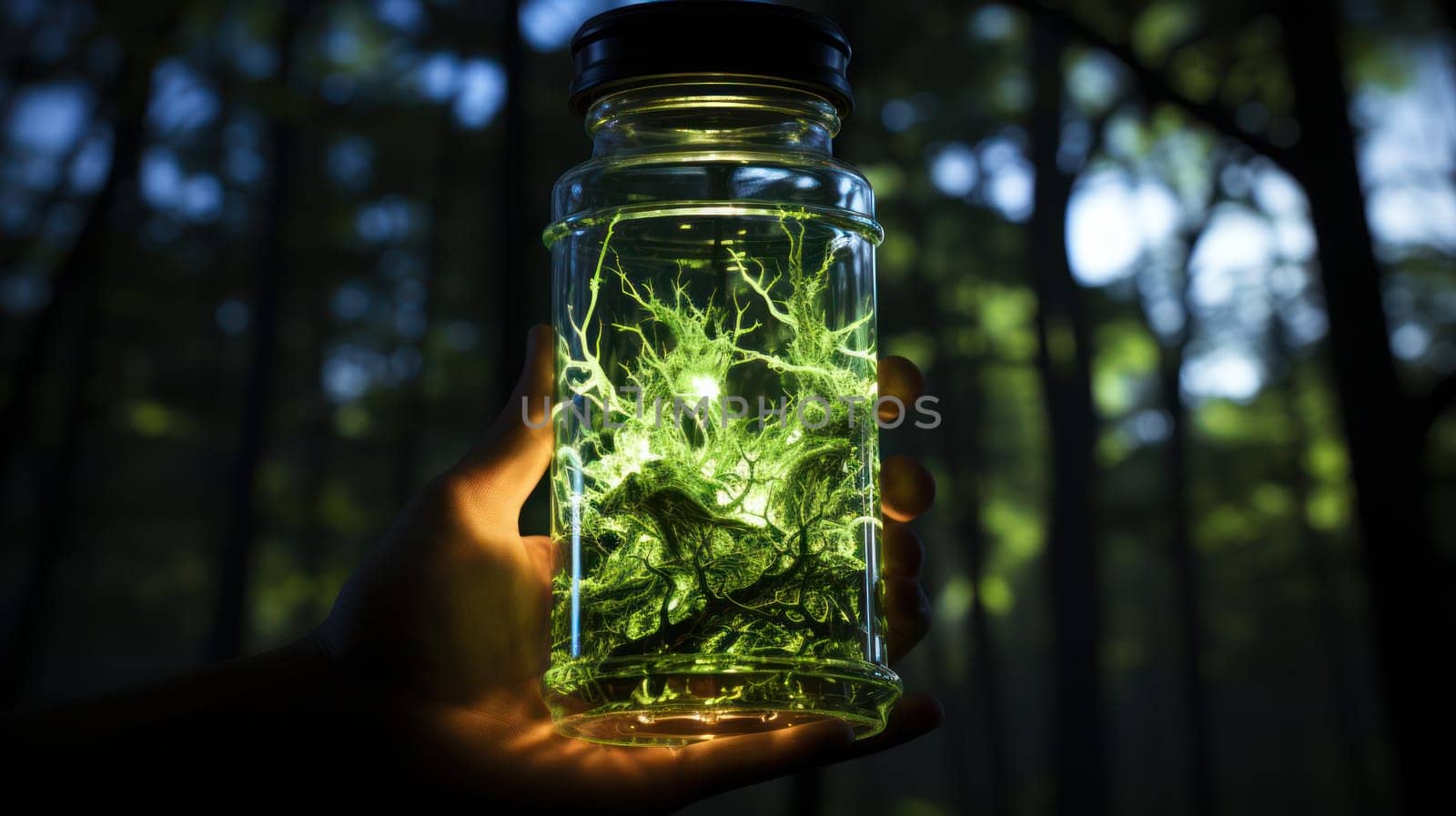 A hand holding a green glowing matter, like the magical soul of the forest. caring for the environment, saving the planet.