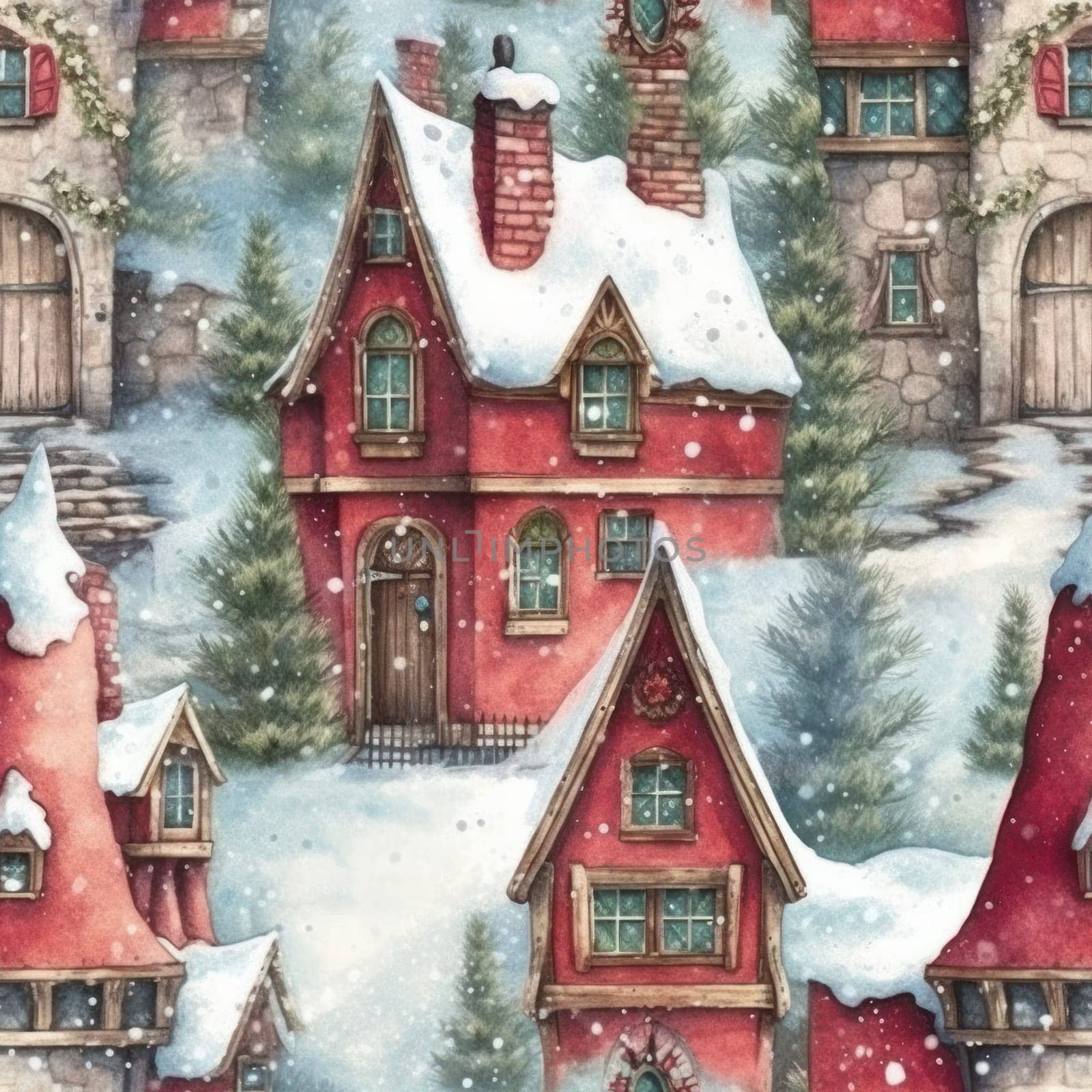 Seamless pattern with watercolor style Christmas houses.