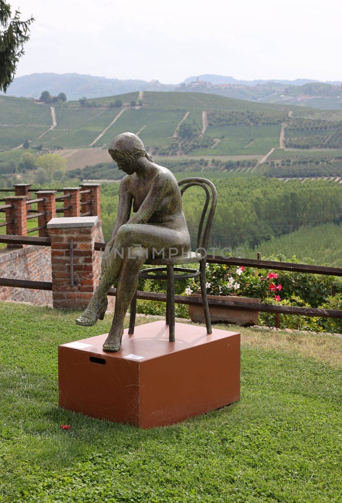 Grinzane Cavour, Italy - Sept 8, 2022: Open air art installation with sculptures by Sergio Unia in the garden of Grinzane Cavour Castle. Piedmont, Italy