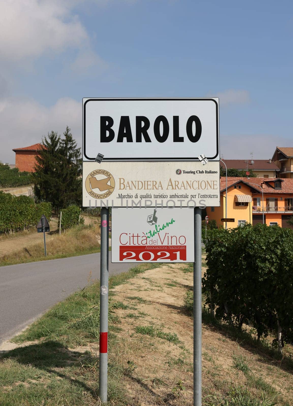 Piedmont, Italy - Sept 8, 2022: Barolo village road sign, Unesco site, Italy
