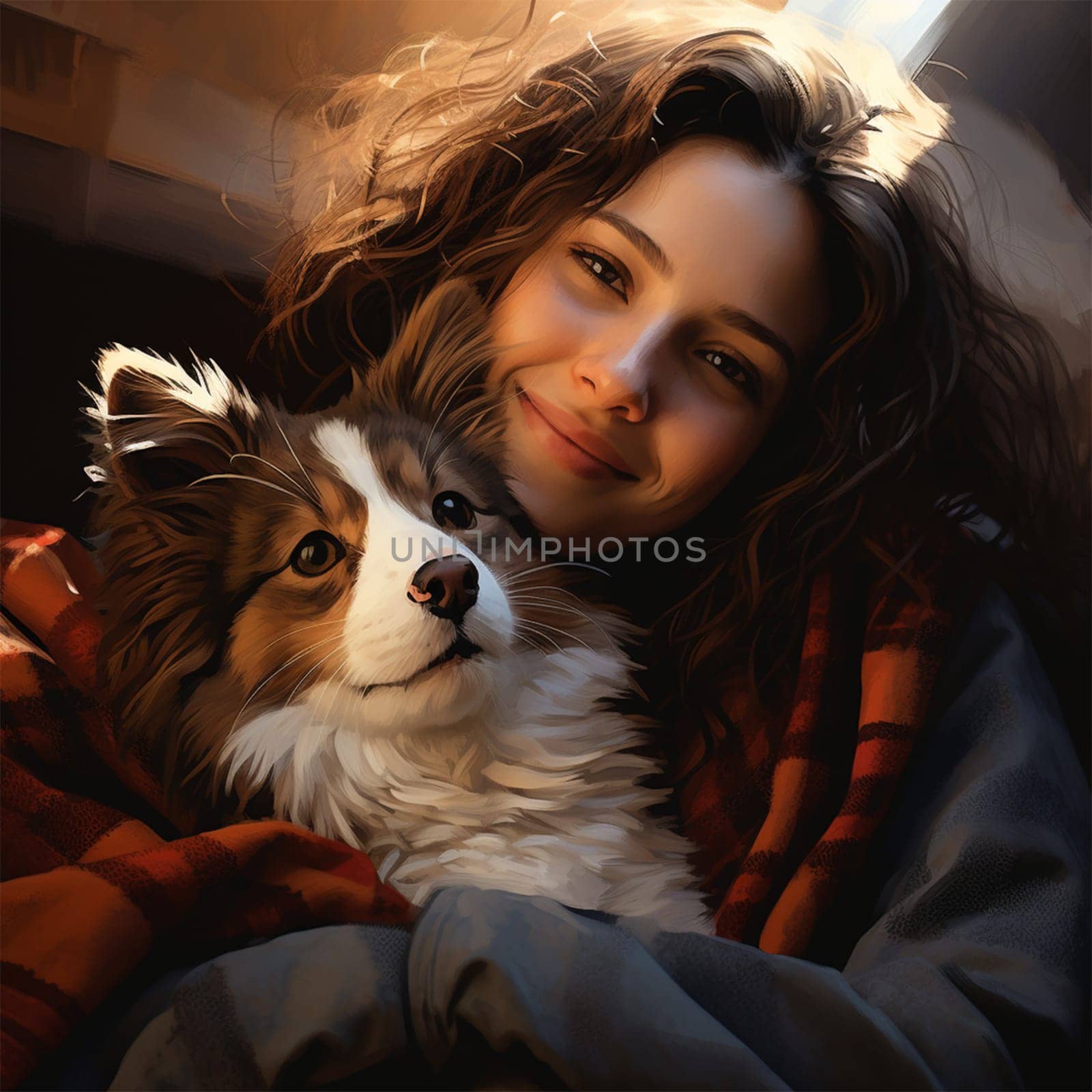 Portrait of a hairy young woman hugging her dog. Woman and pet on a walk.