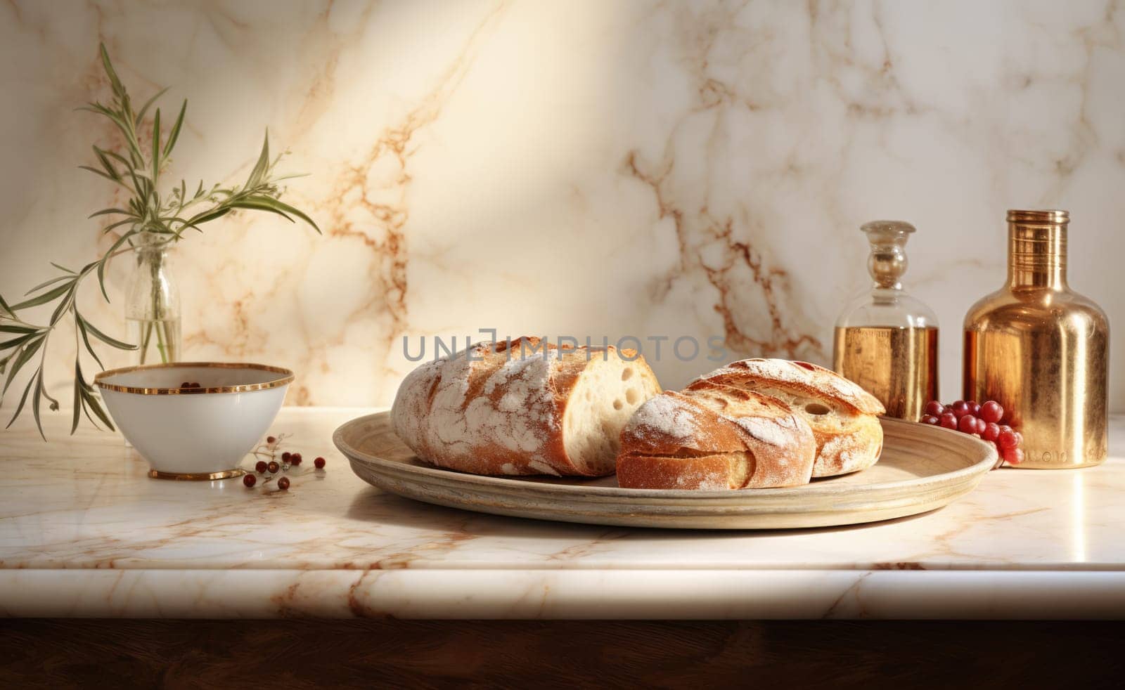 fresh bread on a marble tabletop early in the morning.