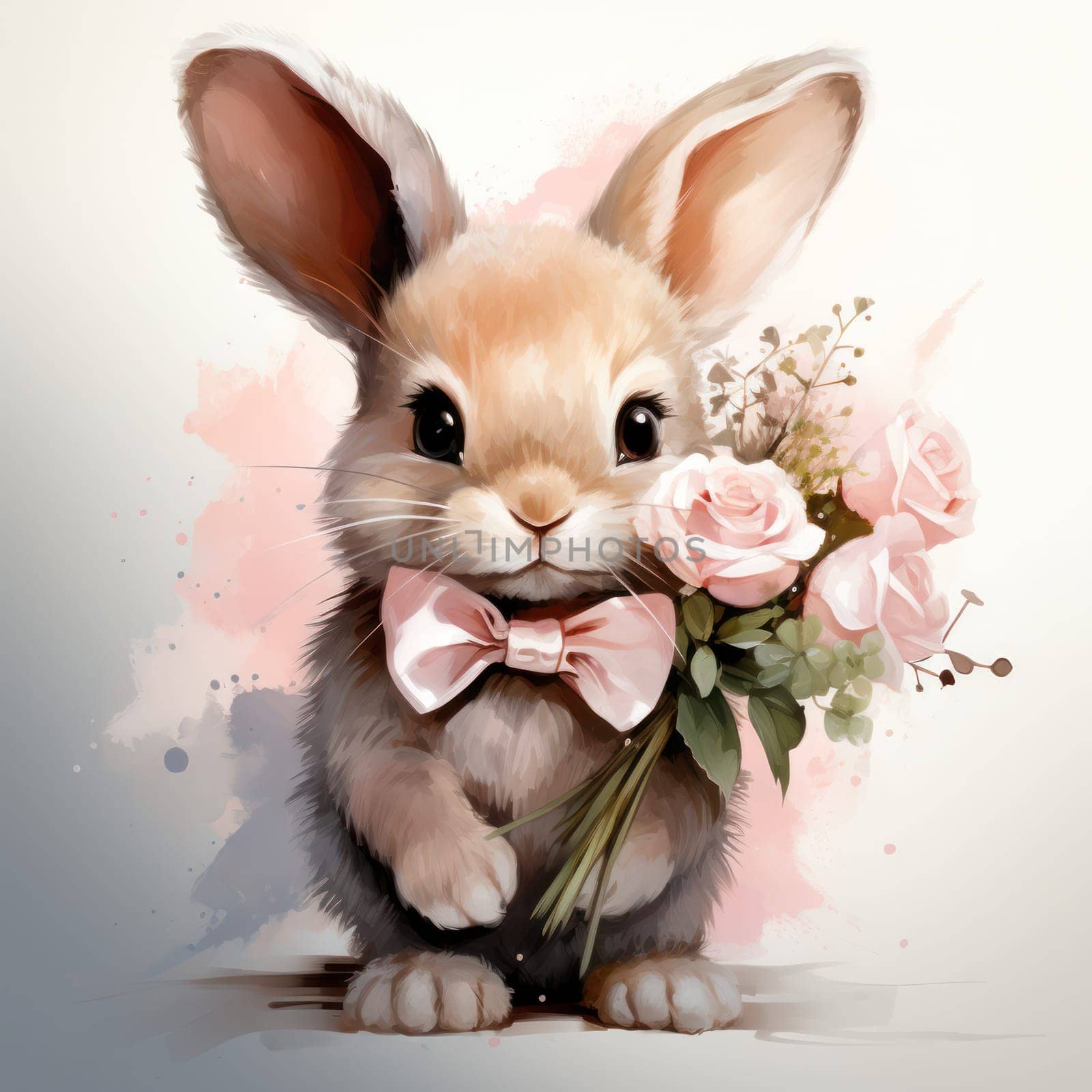 Cute little bunny boy with a bouquet of flowers close-up on a light background.