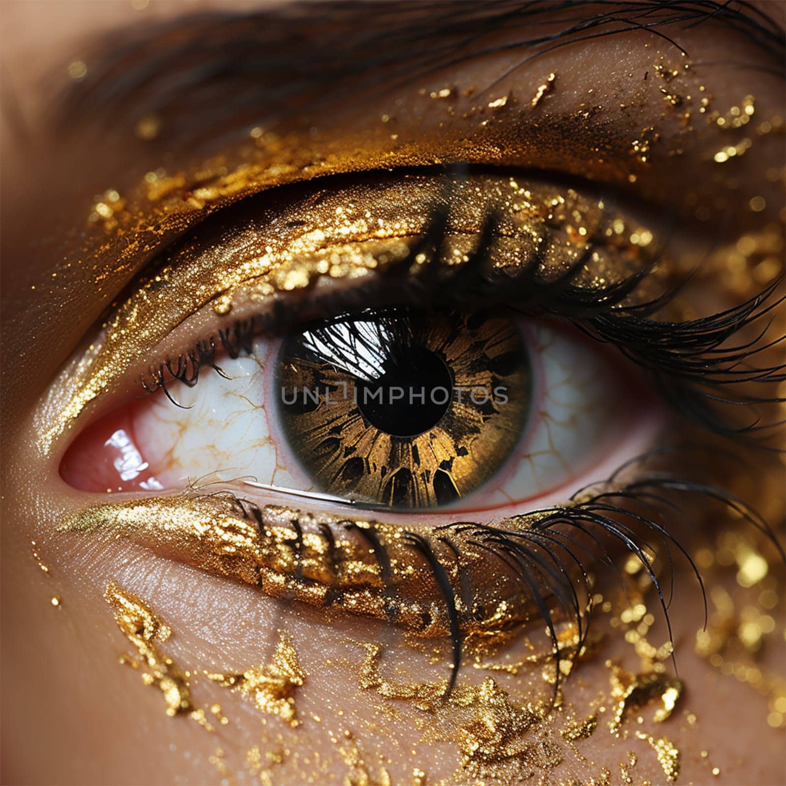 Close-up of a woman's eyes with gold makeup.eye of a beautiful woman with gold paint
