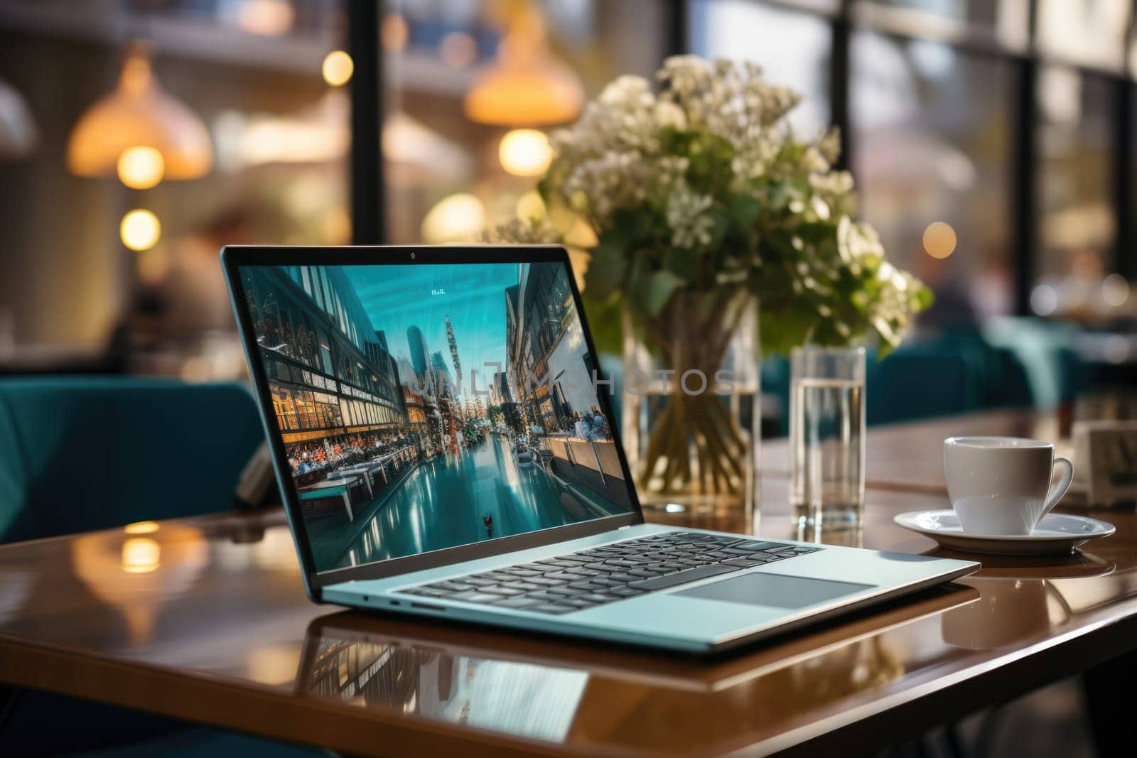 Open laptop with blank screen, cup, plant and office supplies on wooden table.