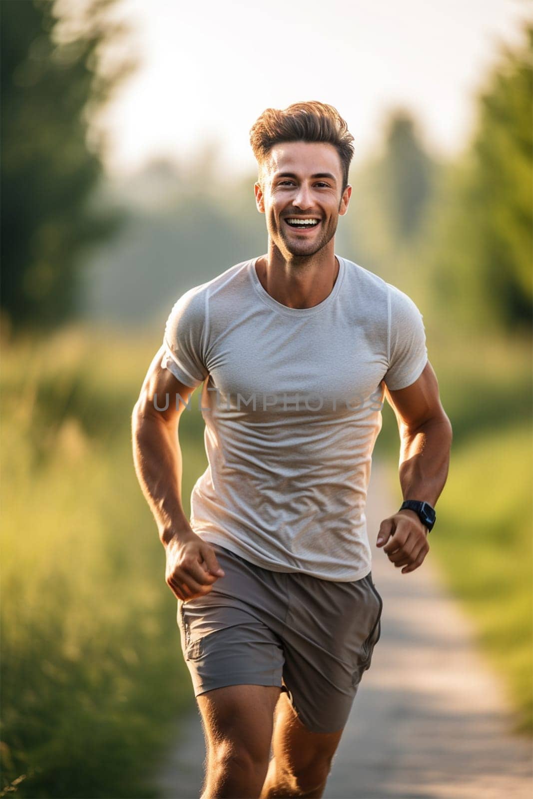 Portrait of young attractive man running in park .