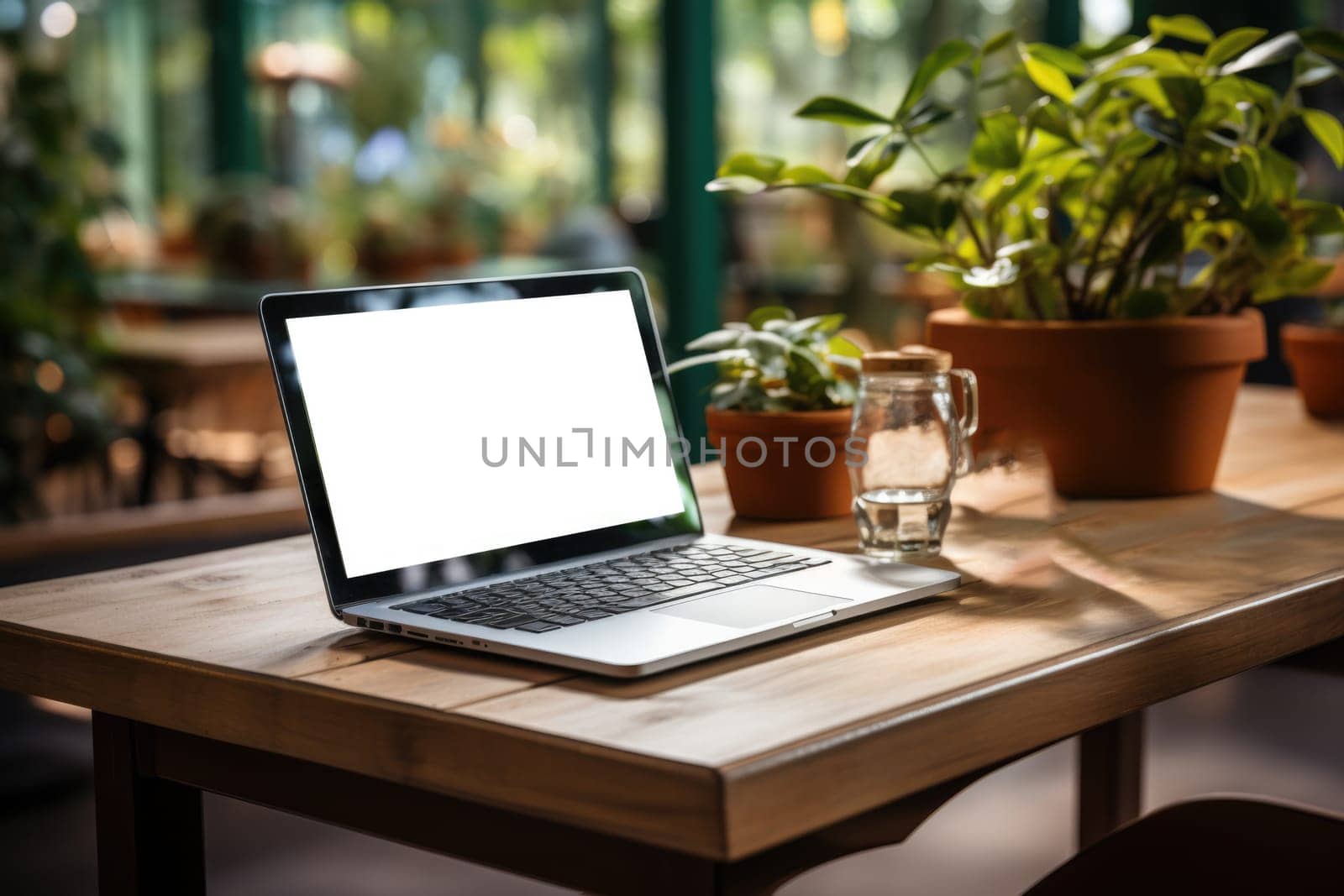 Open laptop with blank screen, cup, plant and office supplies on wooden table.mockup