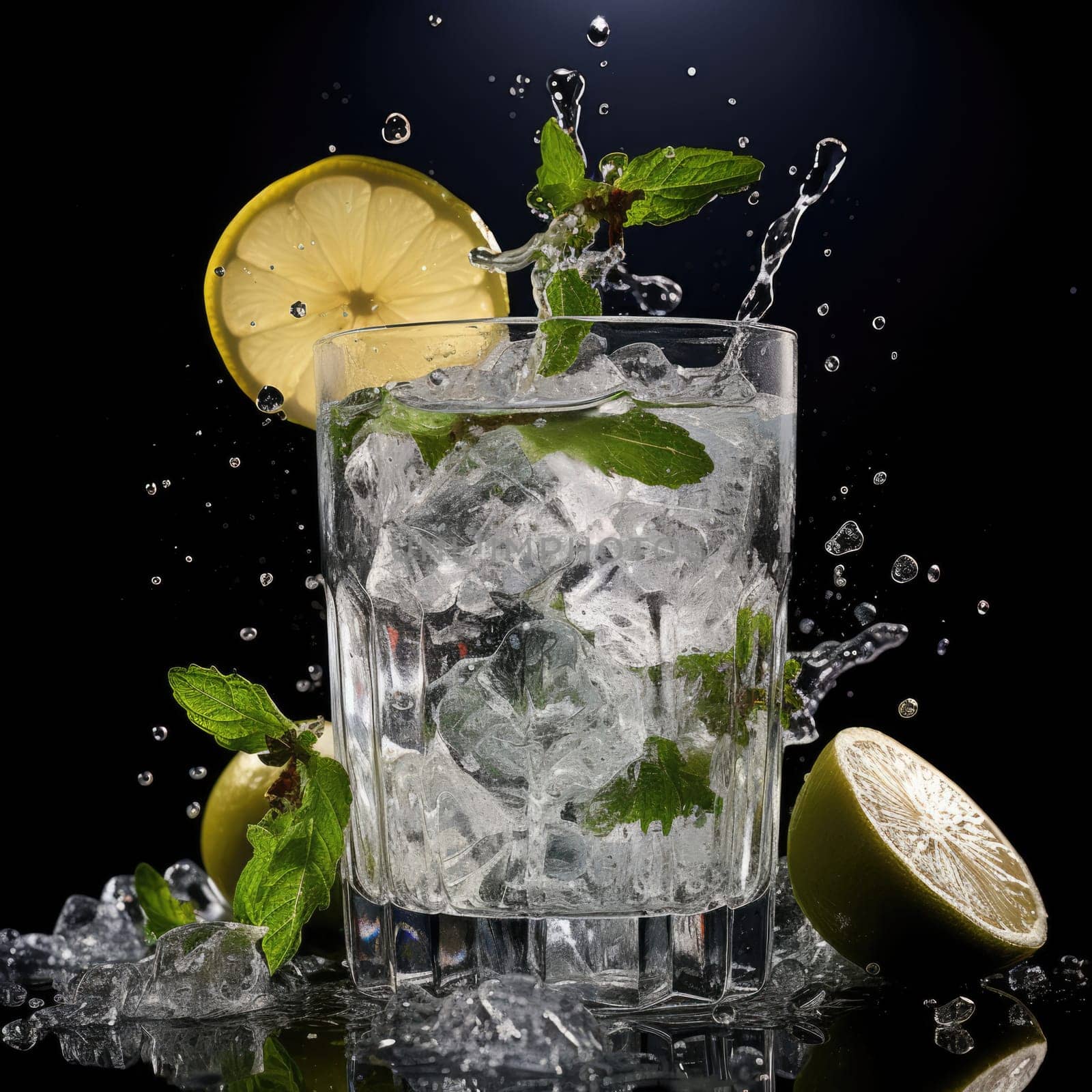 Cut transparent glass with crystal falling water, mint and lemon on a black background.