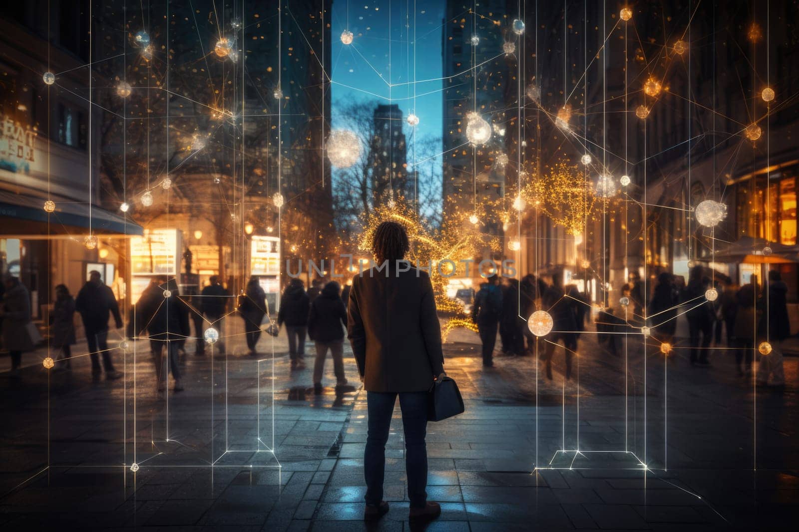 silhouette of a man standing on a futuristic street permeated with an electronic network. electronic communications. business technology concept. Social network.