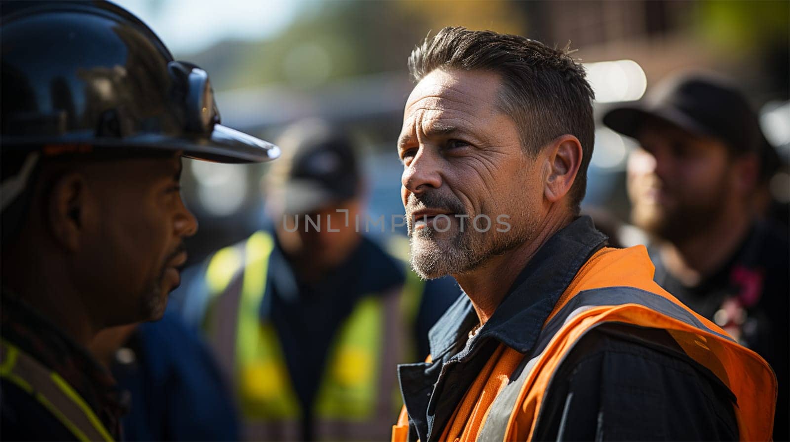 portraits of workers in hard hats against the background of a blurred image of a city street